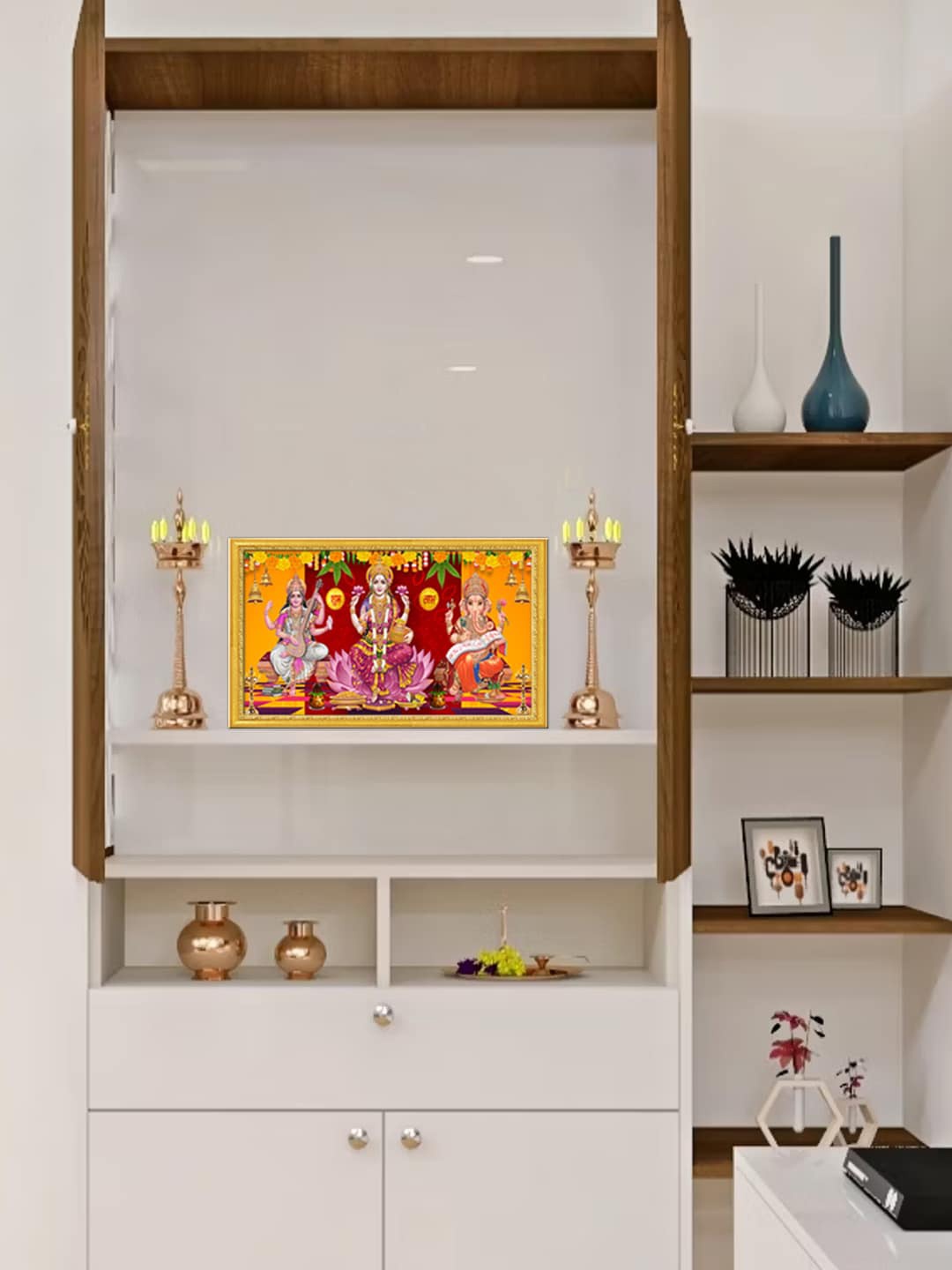 

999Store Gold Toned Purple Goddess Lakshmi Mata Saraswati Mata With Ganesh Wall Art