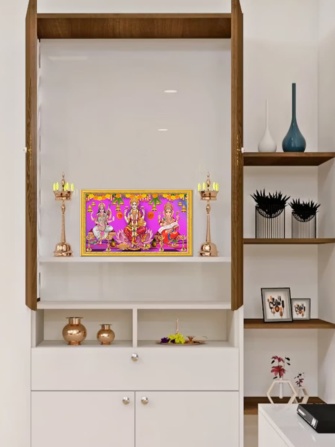

999Store Gold Toned & Purple Goddess Lakshmi Mata Saraswati Mata With Ganesh Wall Art