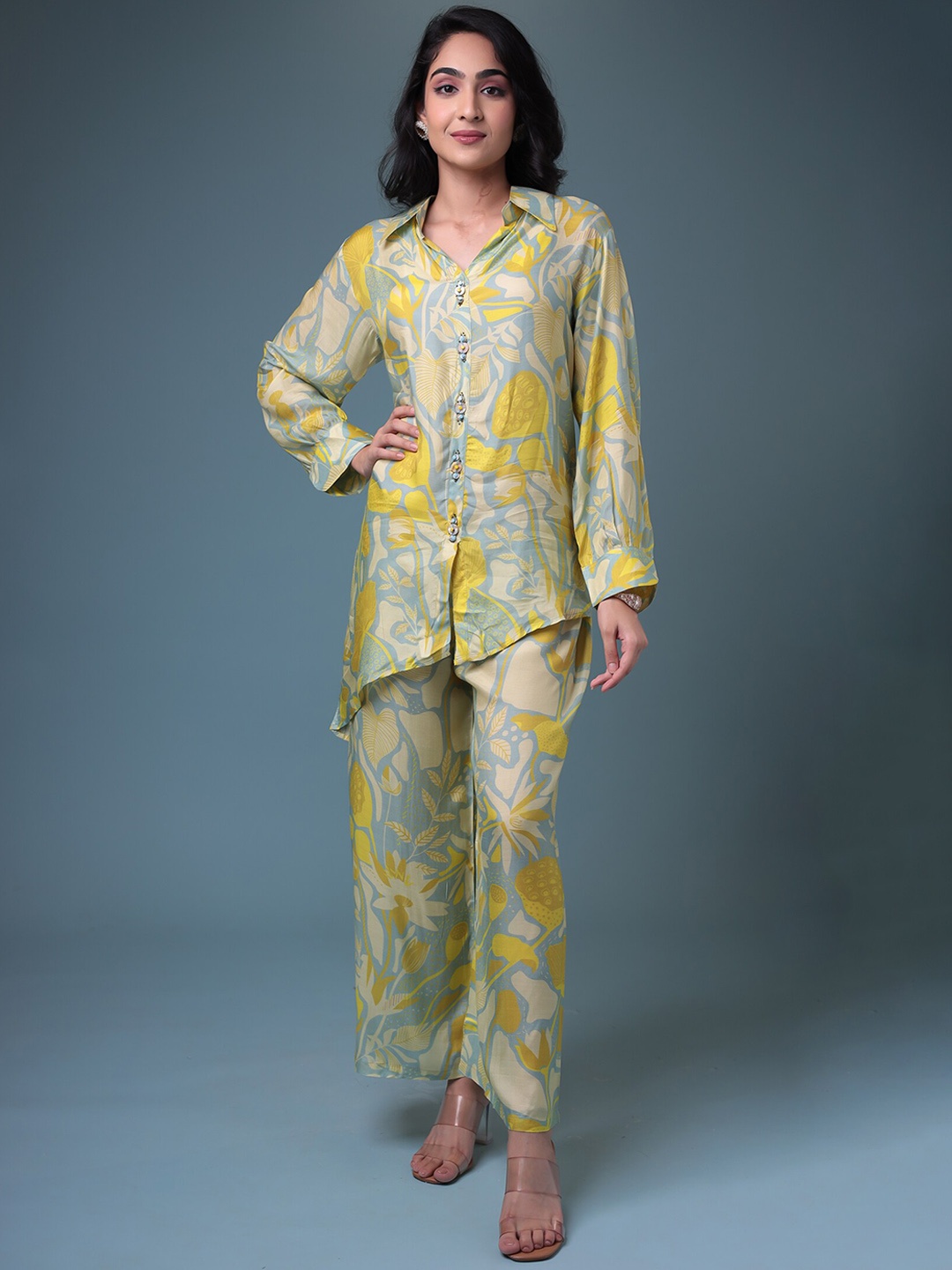 

ZARI Printed Shirt Style Top & Trousers Co Ords Set, Green