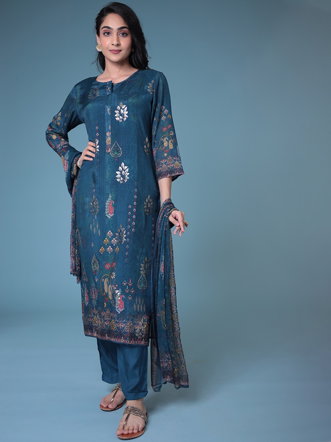 

ZARI Ethnic Motifs Printed Regular Kurta With Trousers & Dupatta, Blue