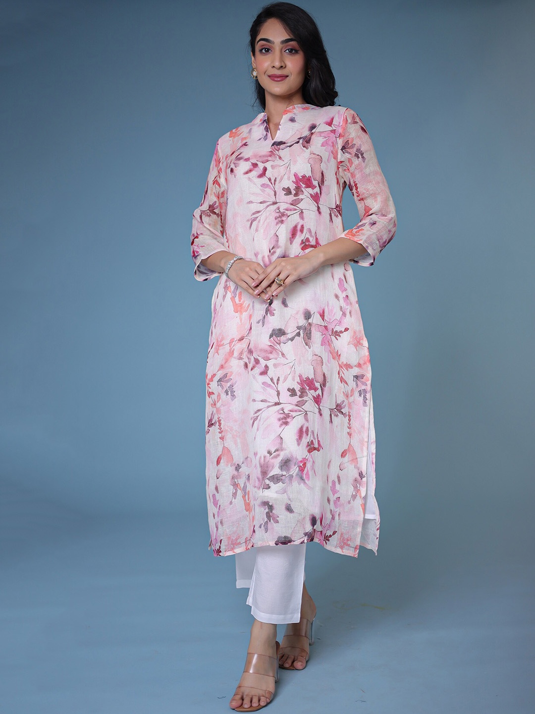 

ZARI Floral Printed Regular Linen Kurta With Palazzos, White