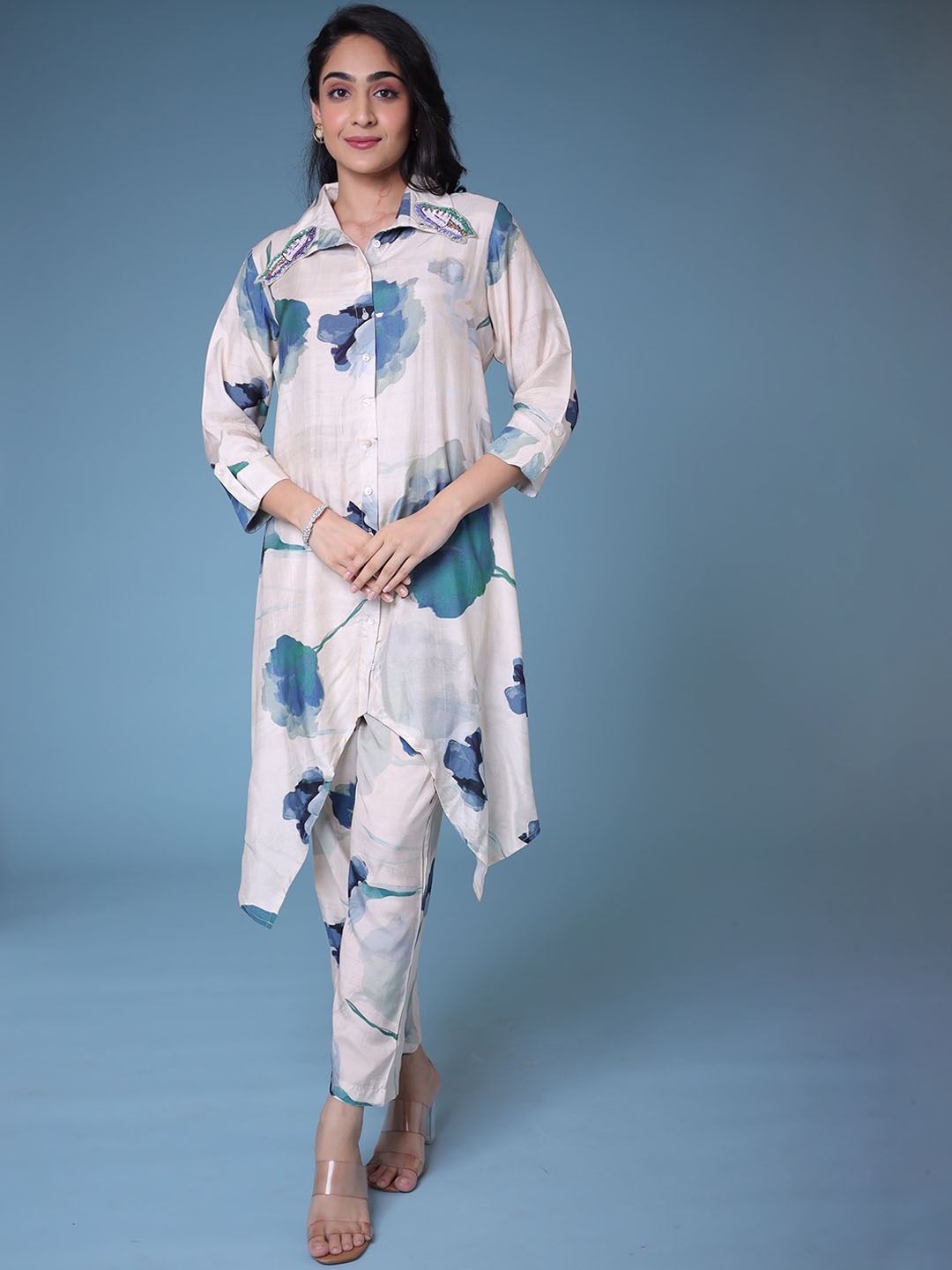 

ZARI Printed Shirt Style Top & Trousers Co Ords Set, Cream