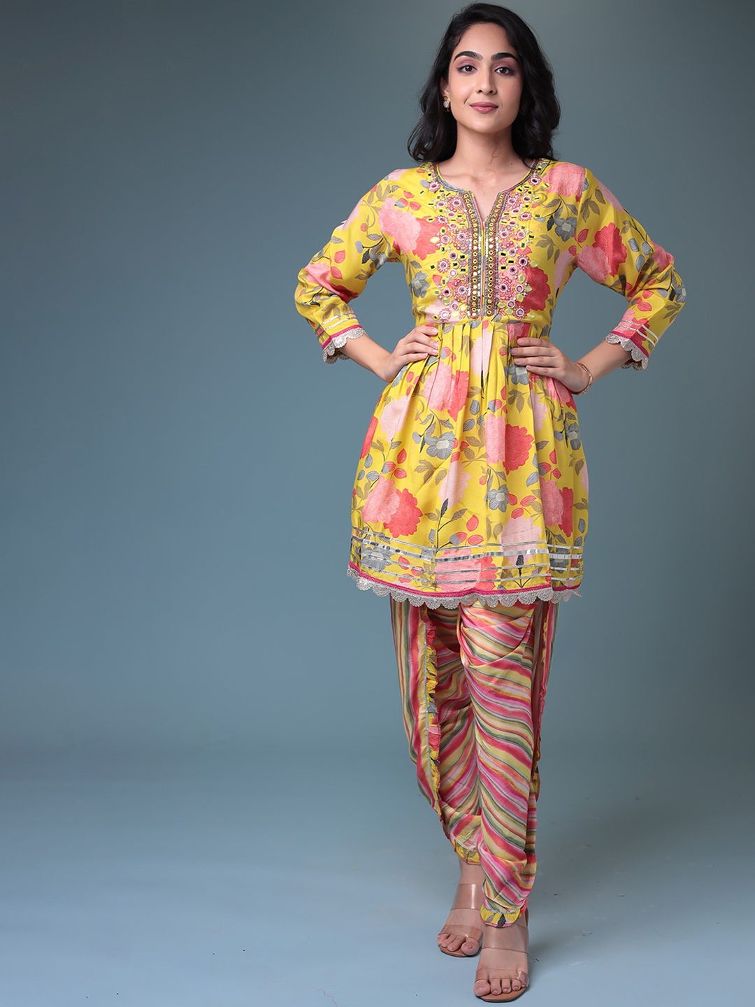 

ZARI Floral Printed Regular Mirror Work Kurti With Dhoti Pants, Green