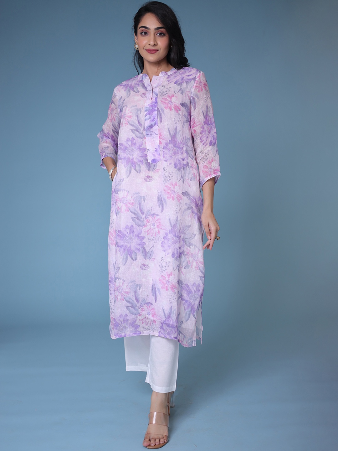 

ZARI Floral Printed Mandarin Collar Regular Linen Kurta With Palazzos, Purple