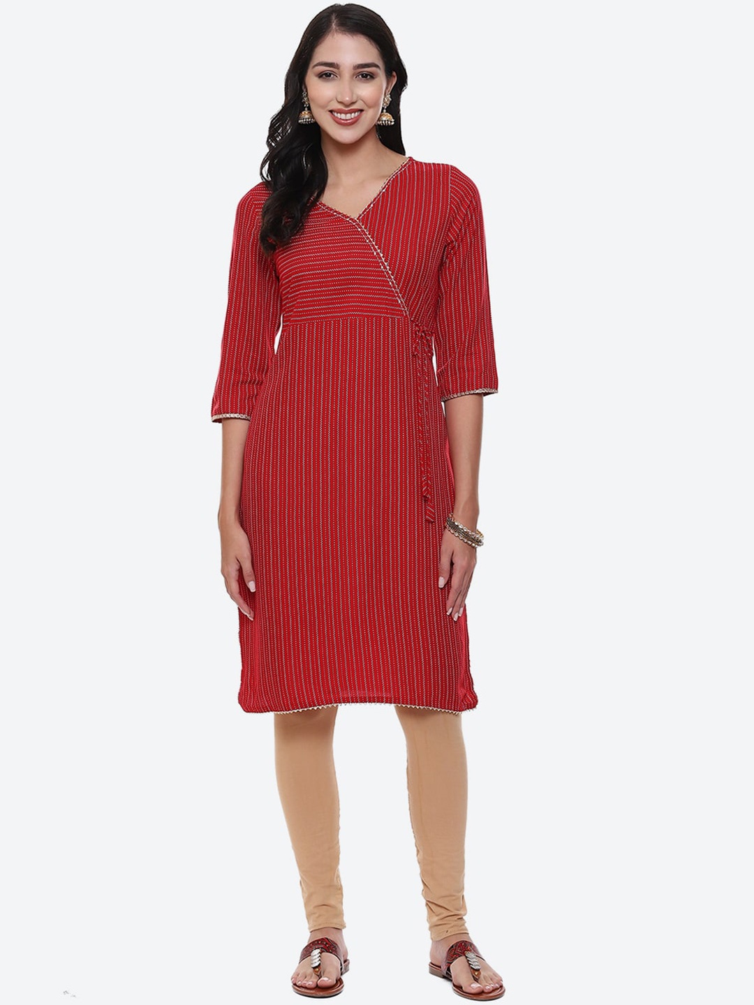 

2Bme Striped Angrakha Kurta, Red