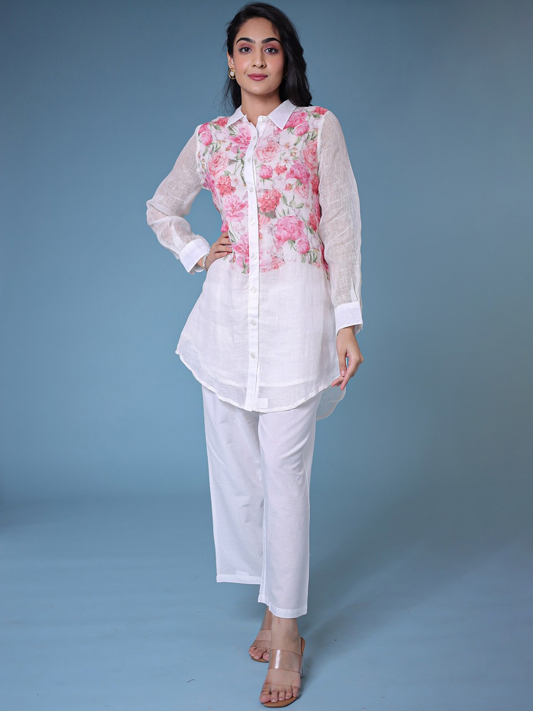 

ZARI Floral Printed Pure Linen A Line Kurta, White