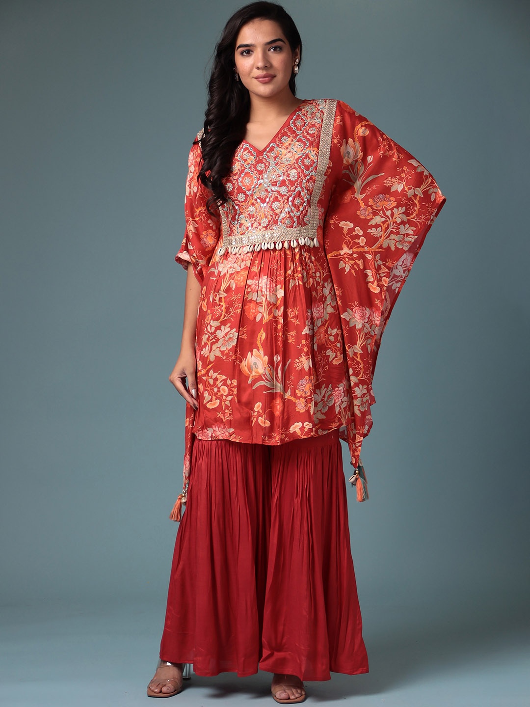 

ZARI Floral Yoke Design Sequinned Pure Silk Kaftan Kurta With Palazzos, Red
