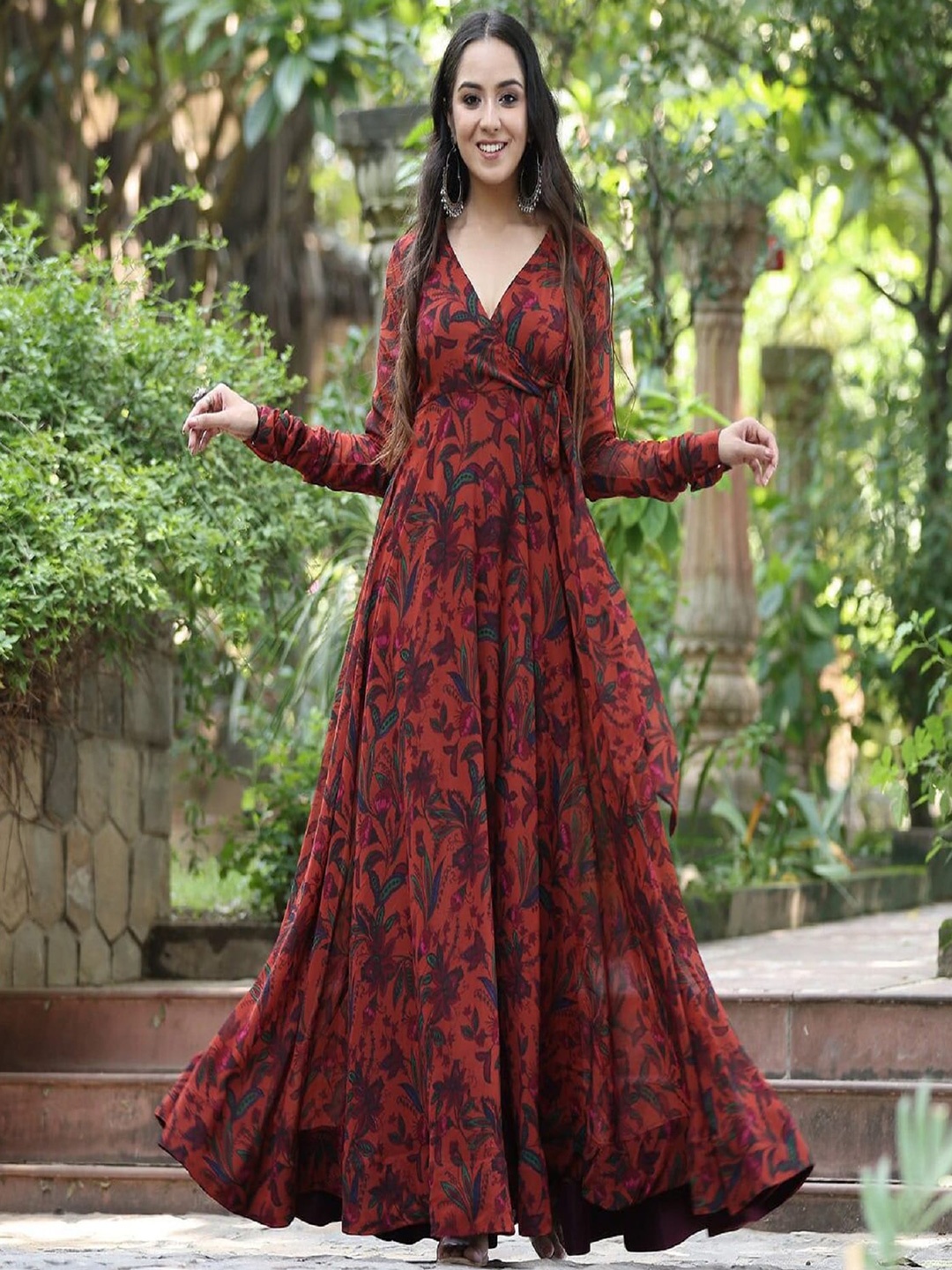 

APNISHA Floral Printed V-Neck Tie-Ups Maxi Dress, Red