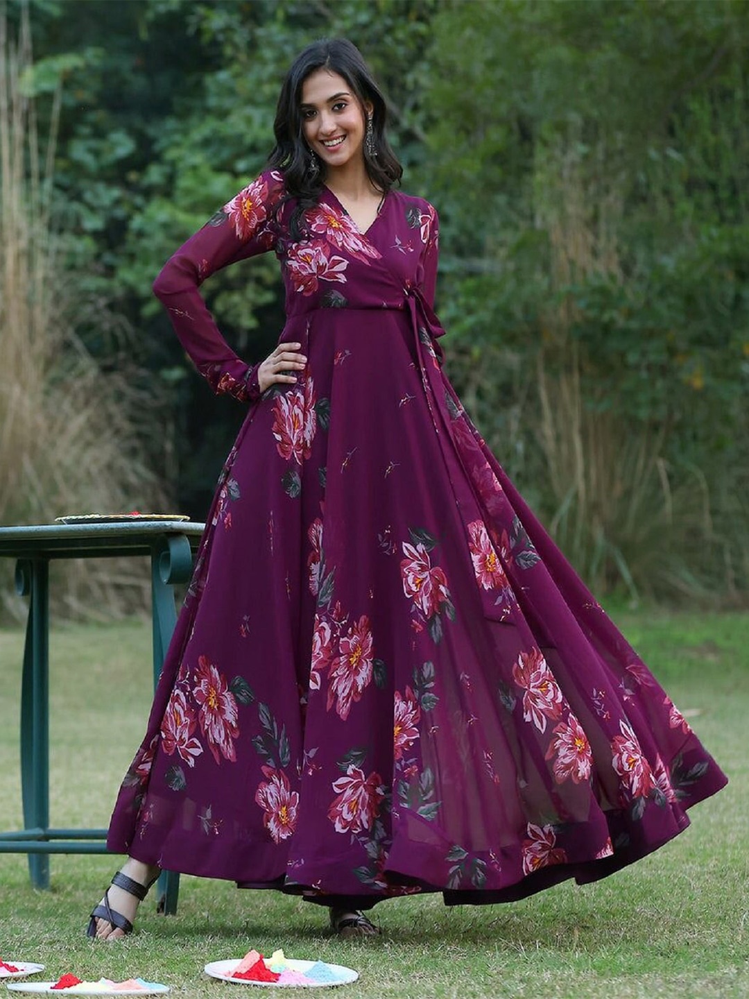 

APNISHA Floral Printed V-Neck Maxi Dress, Purple