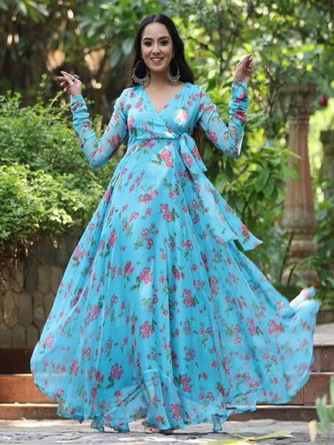 

APNISHA Floral Printed V-Neck Tie-Ups Maxi Dress, Turquoise blue