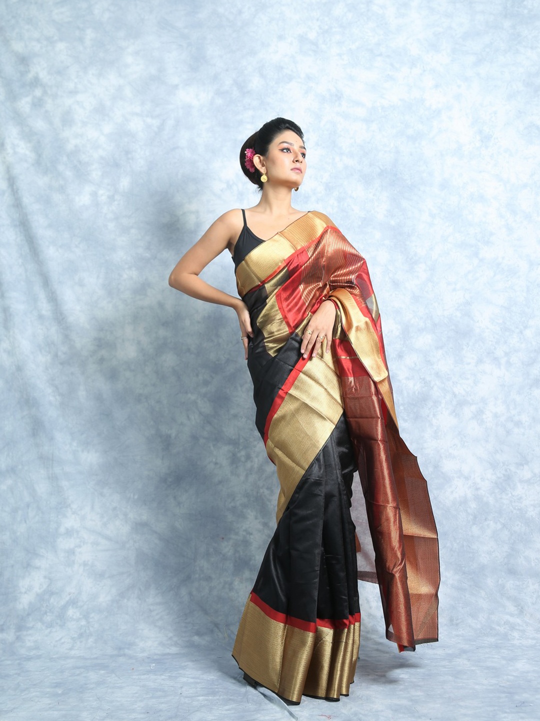 

HERE&NOW Black & Gold-Toned Striped Zari Mysore Silk Saree