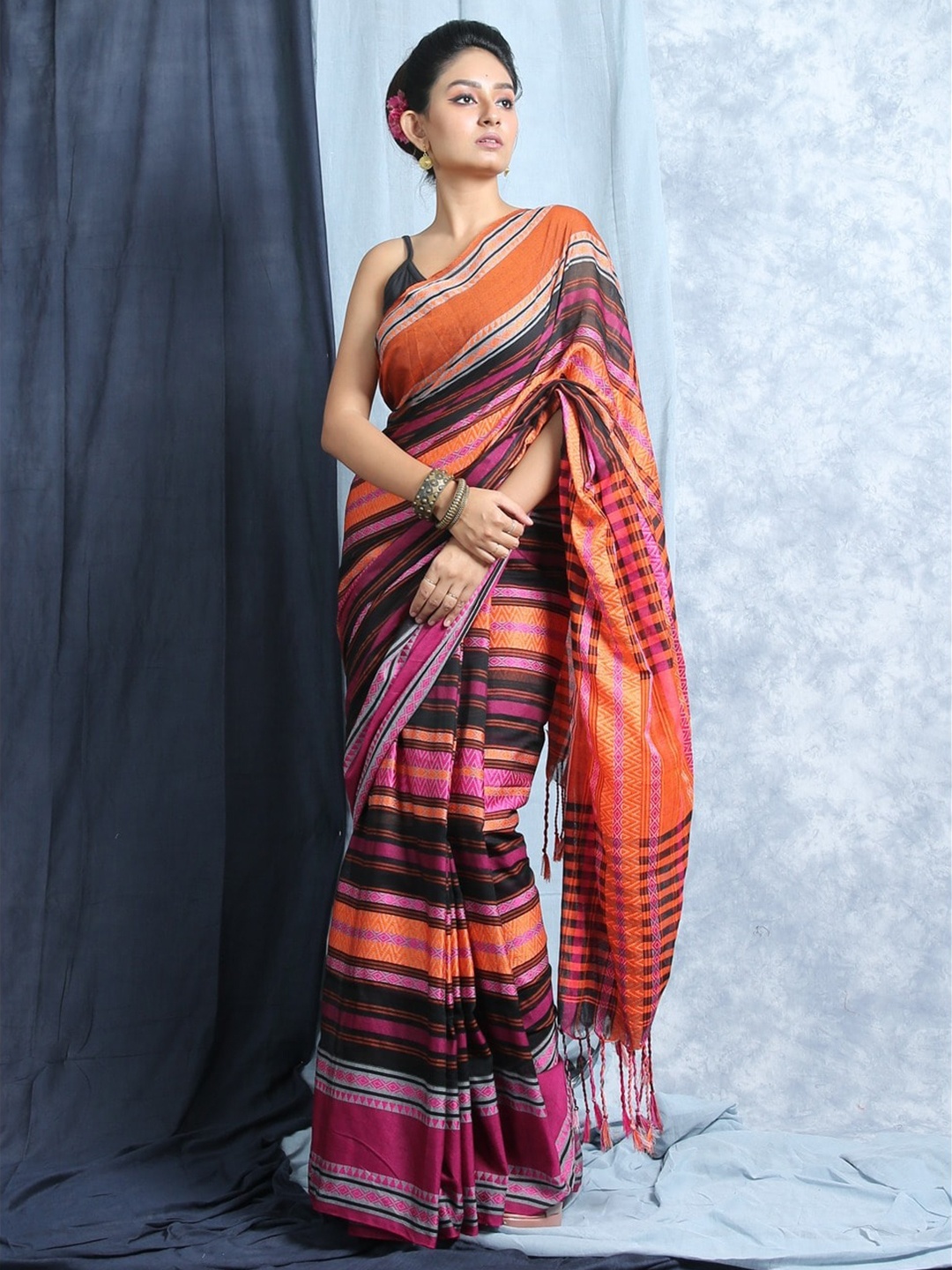 

HERE&NOW Orange Striped Pure Cotton Saree