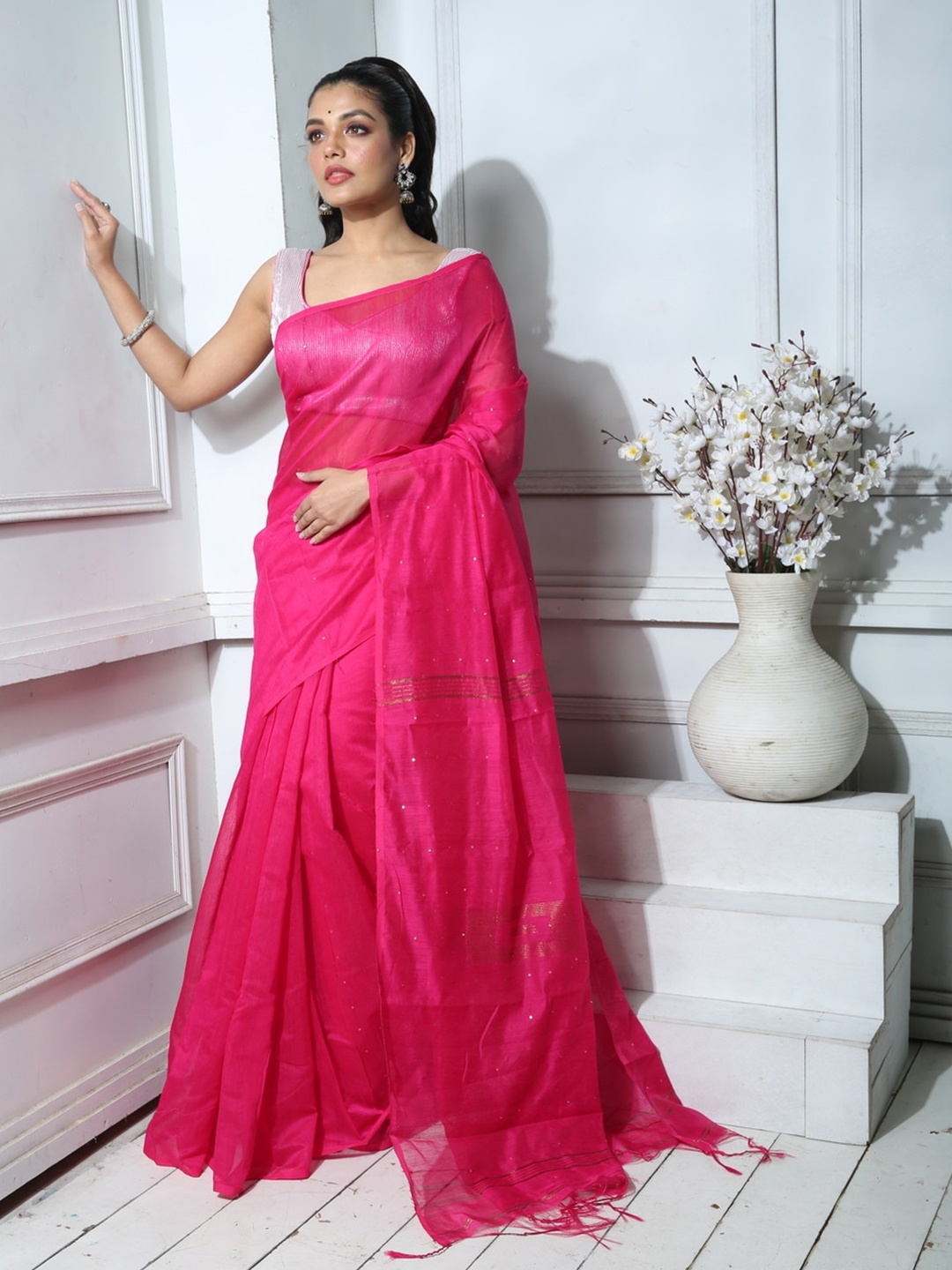 

HERE&NOW Pink Sequinned Jamdani Saree