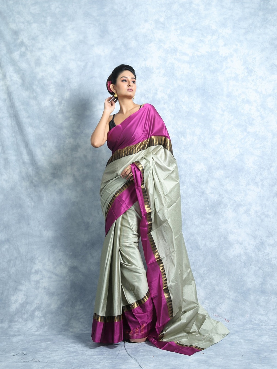 

HERE&NOW Steel & Pink Zari Mysore Silk Saree