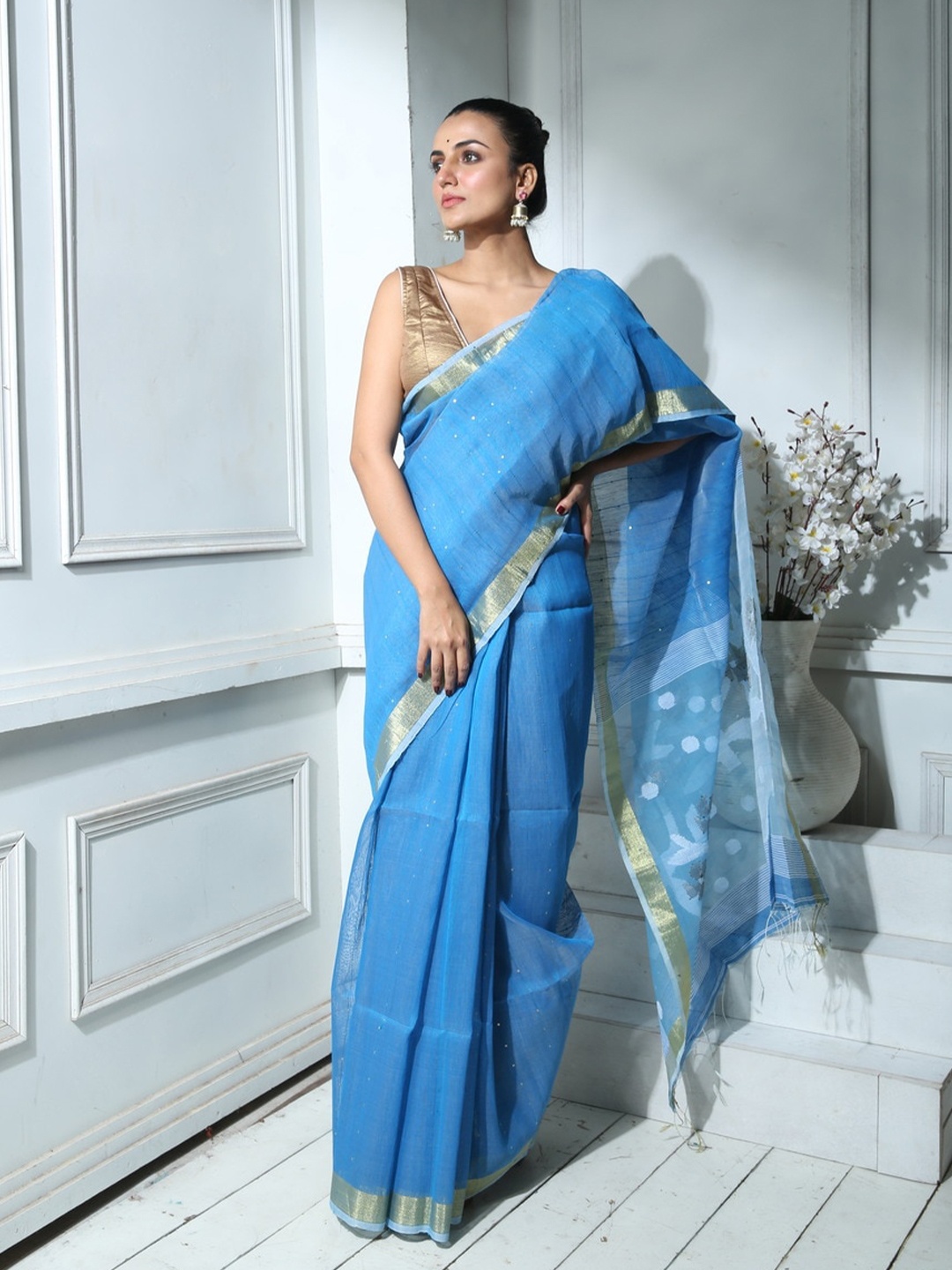 

HERE&NOW Turquoise Blue Striped Zari Jamdani Saree