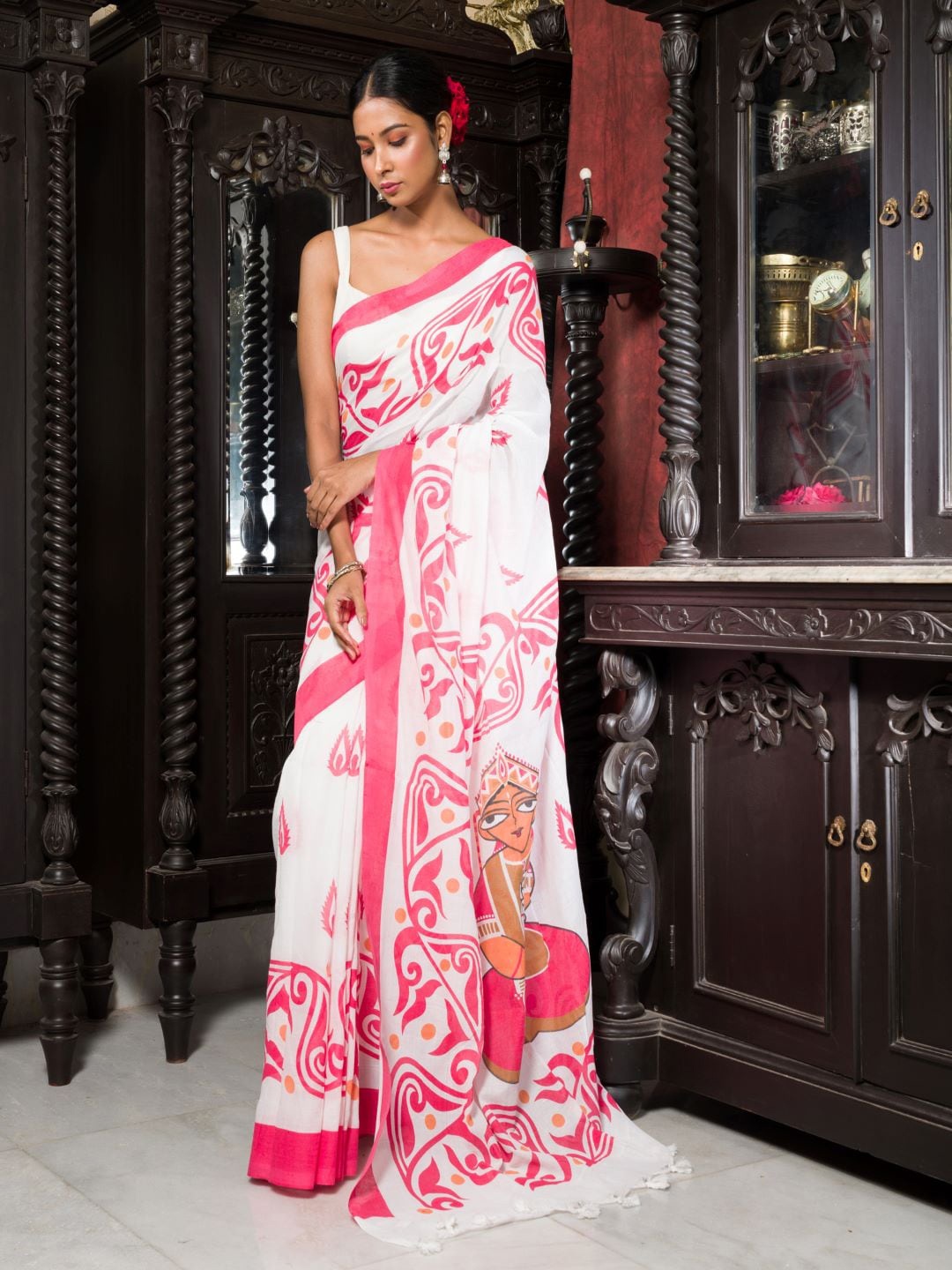 

HERE&NOW Ethnic Motifs Printed Pure Cotton Saree, White