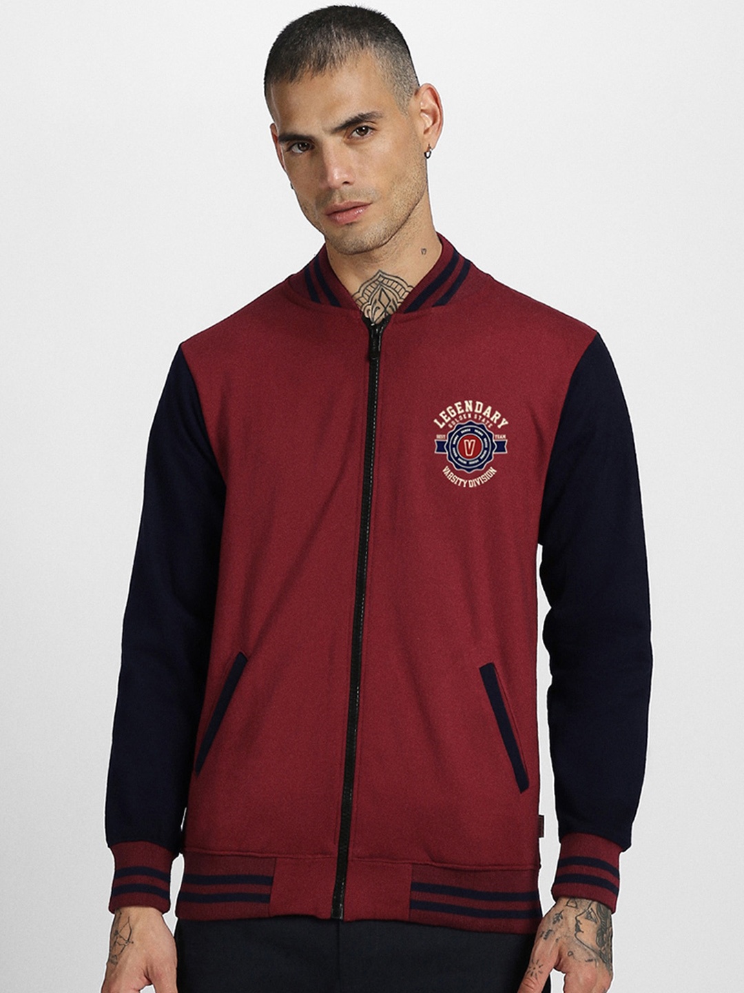 

VEIRDO Blue & Maroon Colourblocked Stand Collar Fleece Bomber Jacket