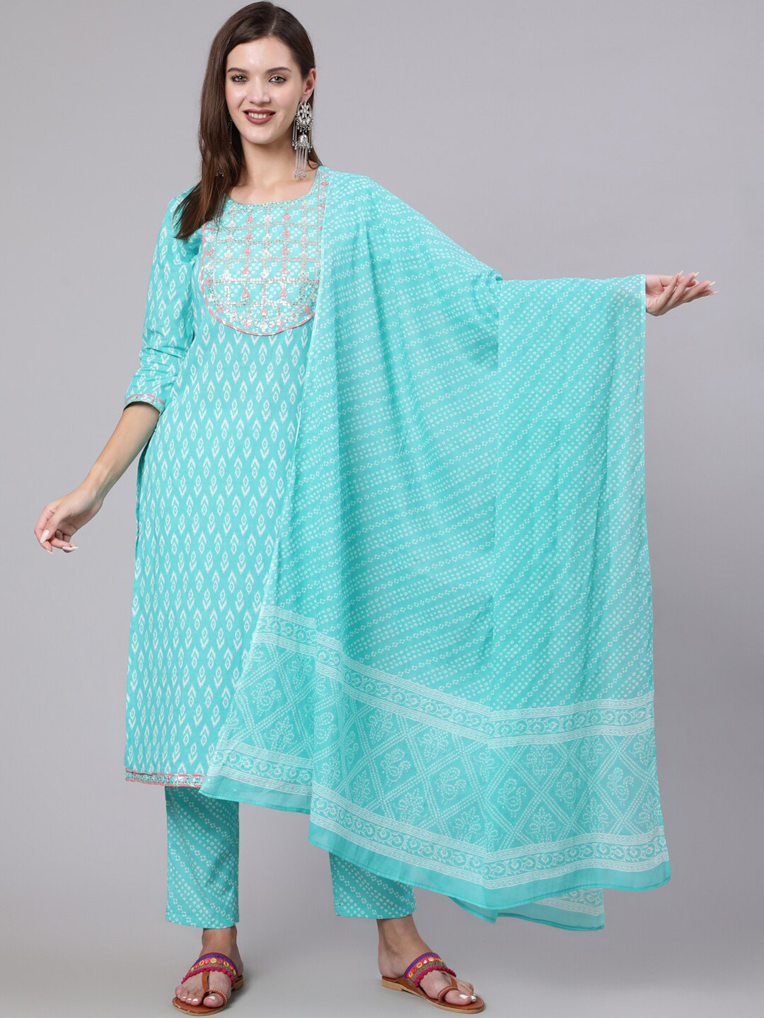

KIMAYRA Ethnic Motifs Printed Thread Work Pure Cotton Kurta with Trousers & Dupatta, Sea green