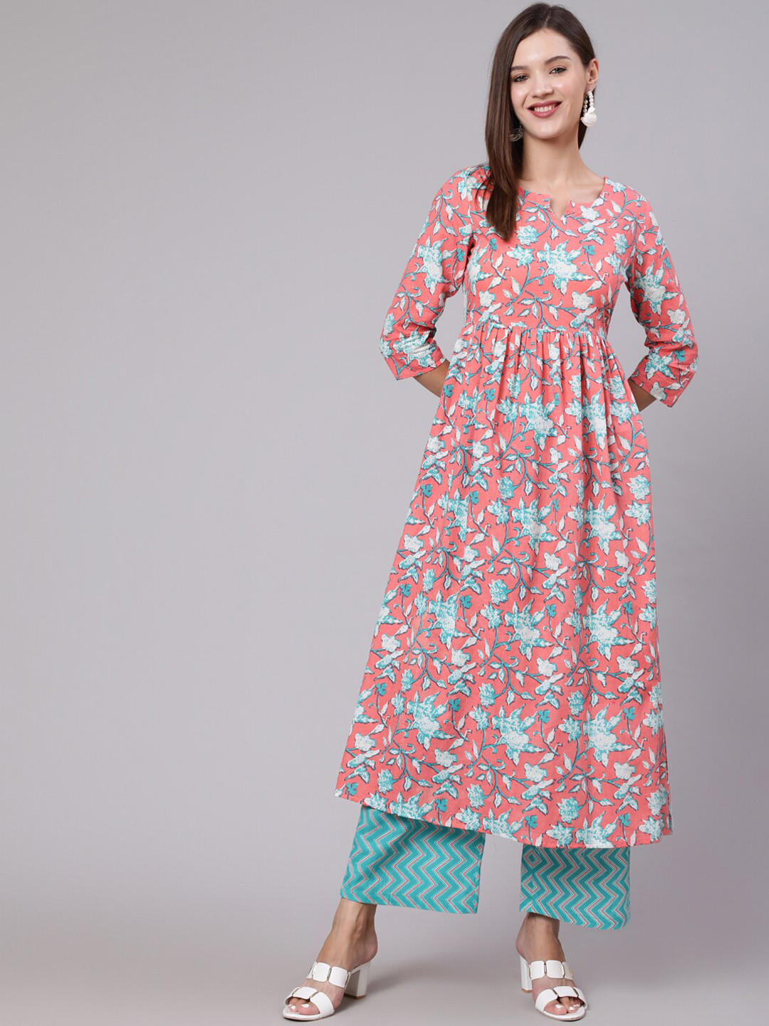 

KIMAYRA Floral Printed Empire Pure Cotton Kurta with Palazzos, Peach