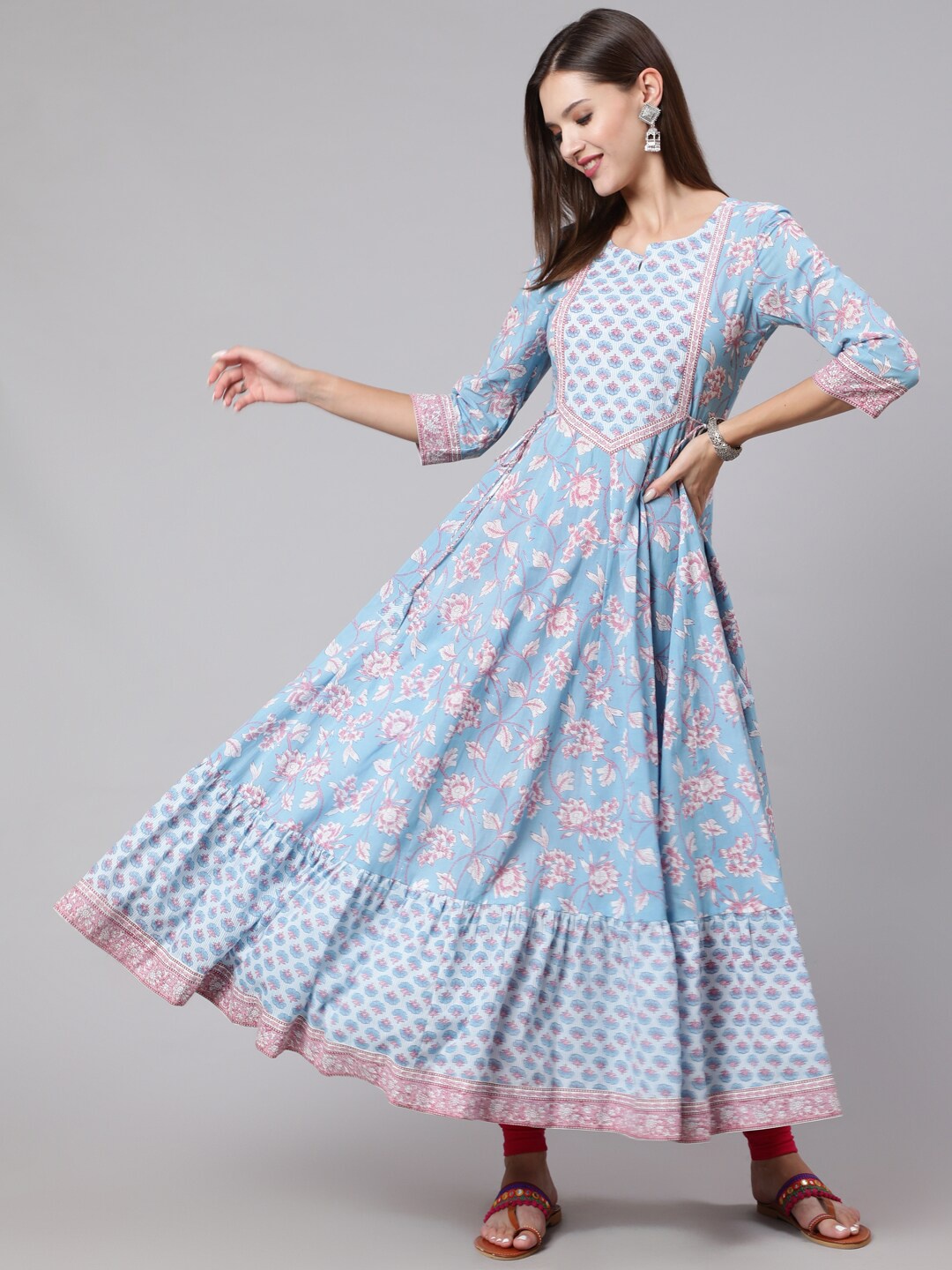 

KIMAYRA Ethnic Motifs Printed Cotton Round Neck Anarkali Kurta, Blue