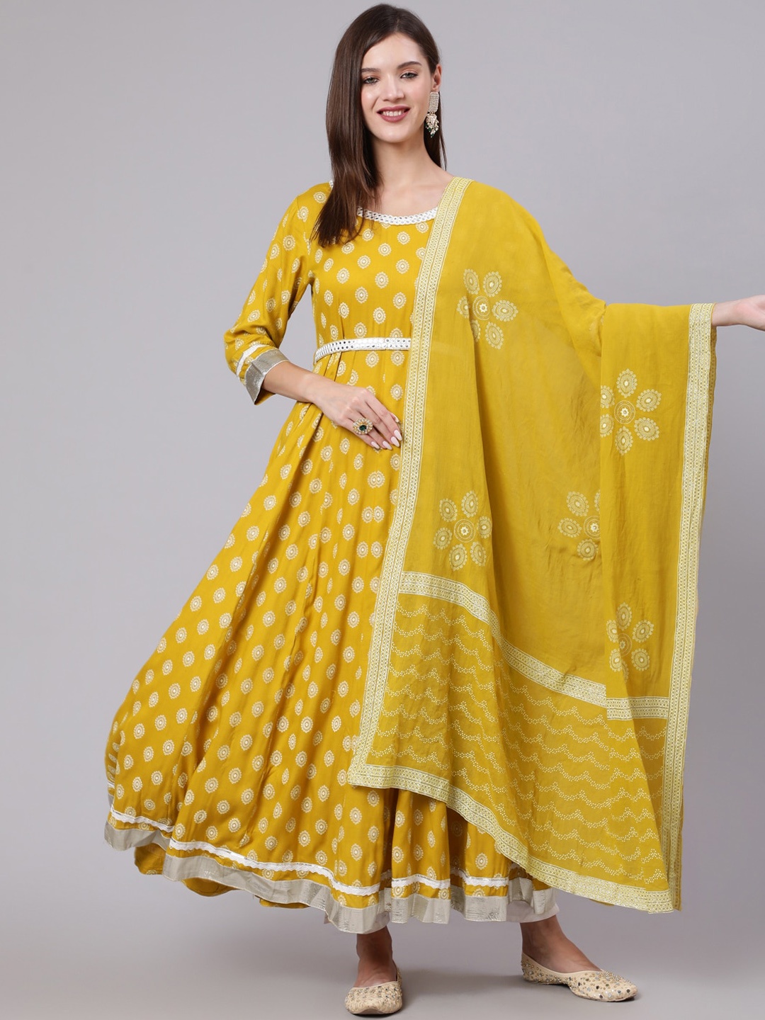 

KIMAYRA Ethnic Motifs Printed Cotton Anarkali Kurta, Mustard