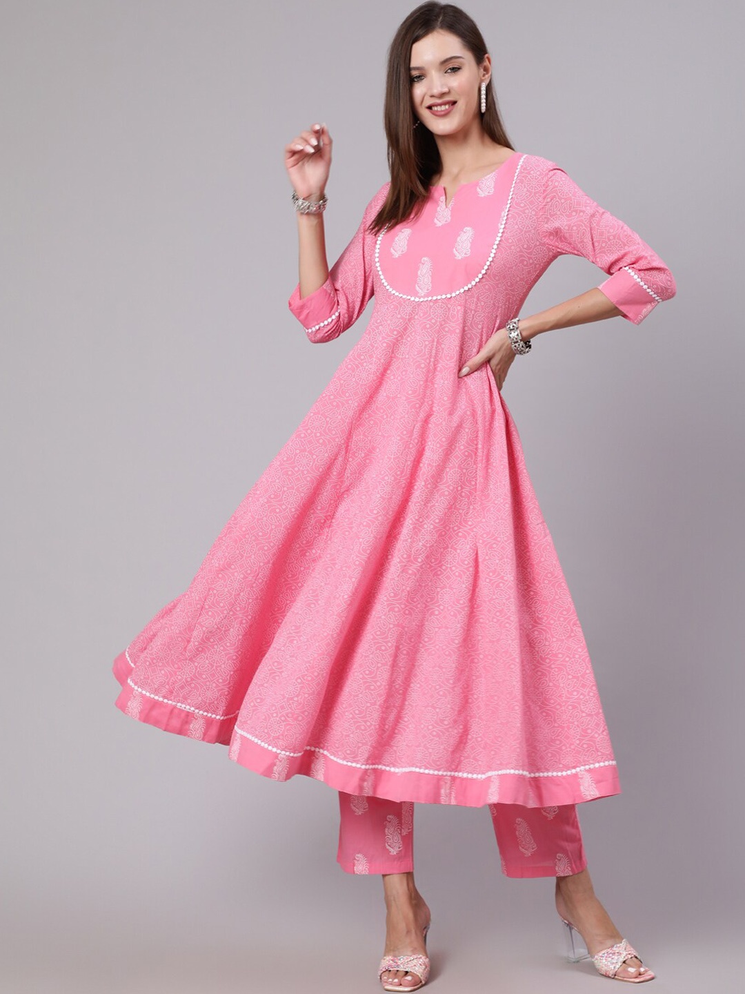 

KIMAYRA Ethnic Motifs Printed Anarkali Pure Cotton Kurta with Trousers, Pink