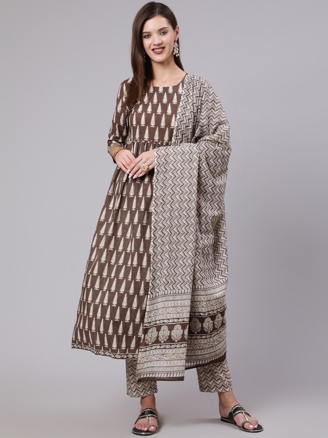 

KIMAYRA Ethnic Motifs Printed Empire Pure Cotton Kurta with Trousers & Dupatta, Brown