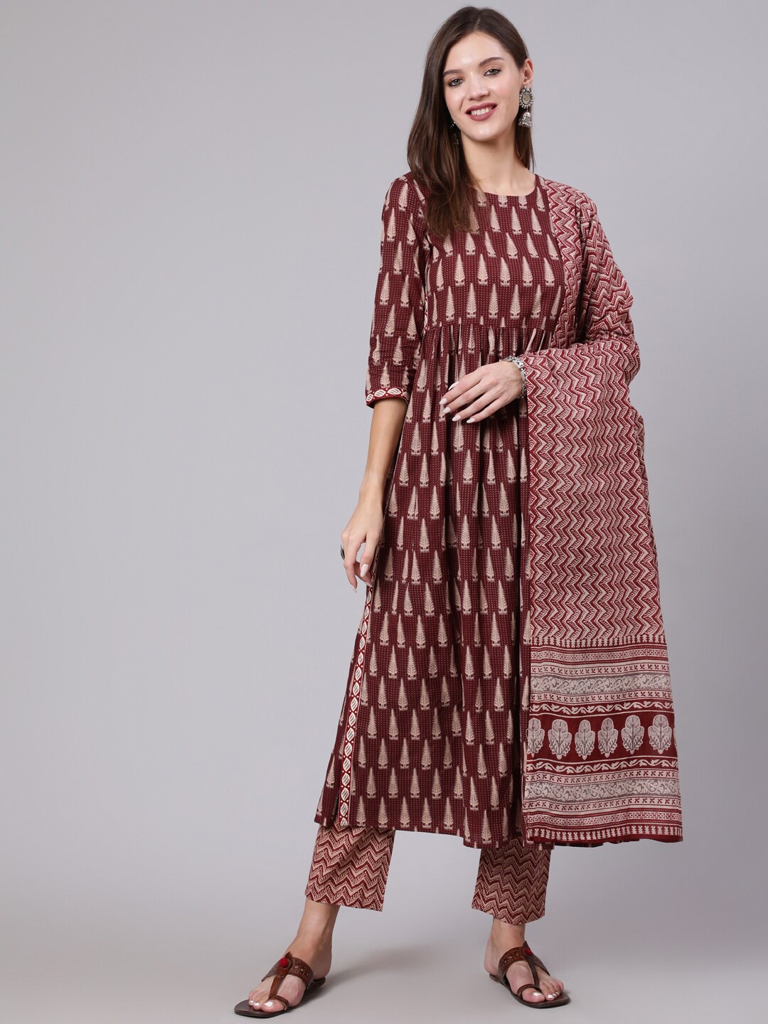 

KIMAYRA Ethnic Motifs Printed Cotton Kurta with Trousers & Dupatta, Maroon