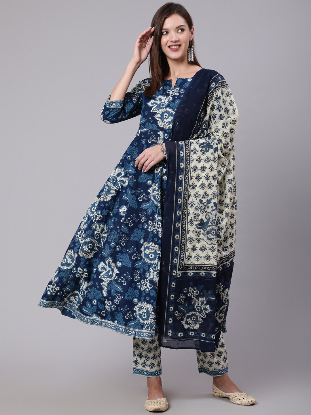 

KIMAYRA Ethnic Motifs Printed Regular Pure Cotton Kurta with Trousers & With Dupatta, Blue