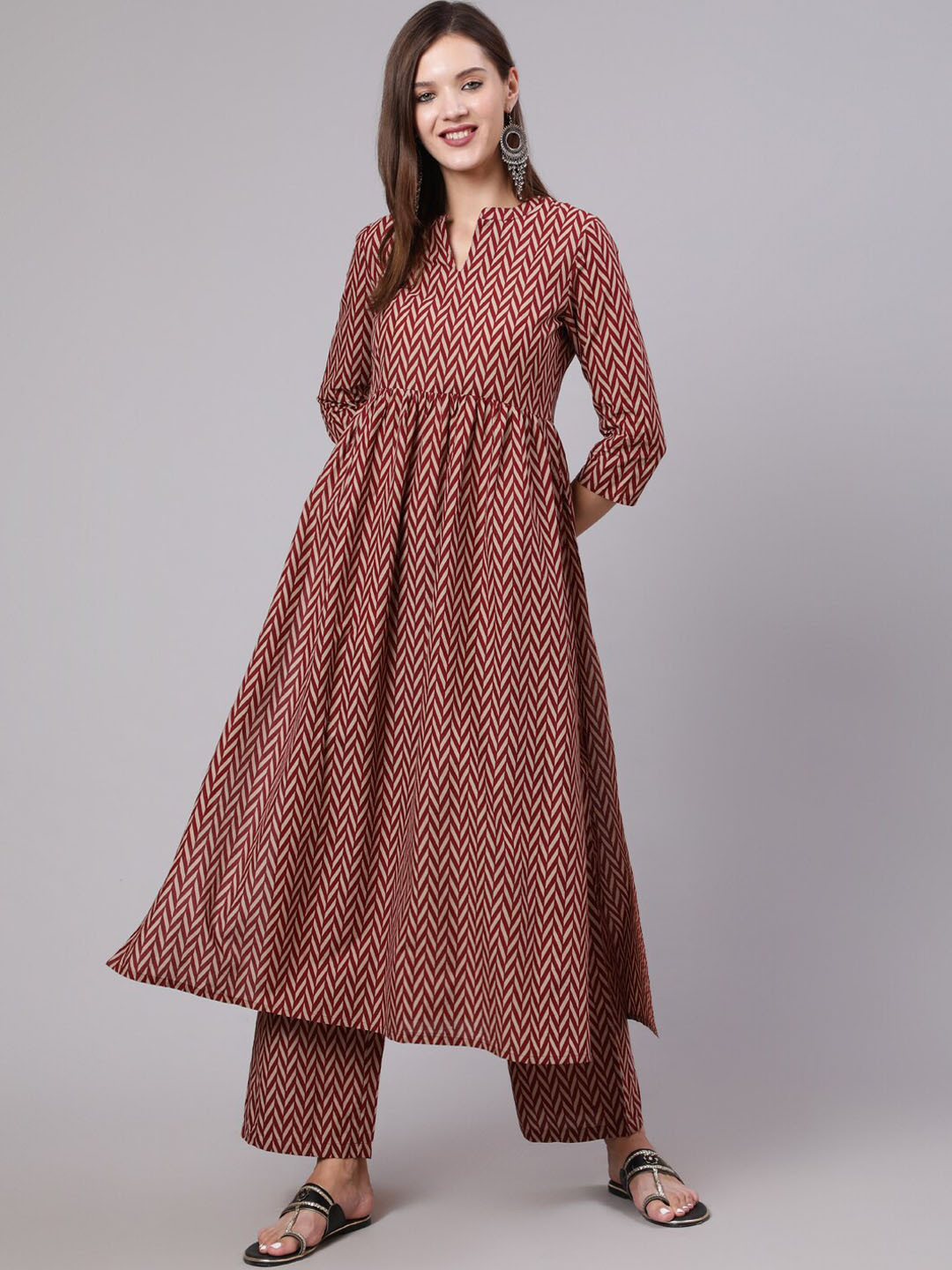 

KIMAYRA Printed A-line Kurta with Trousers, Maroon