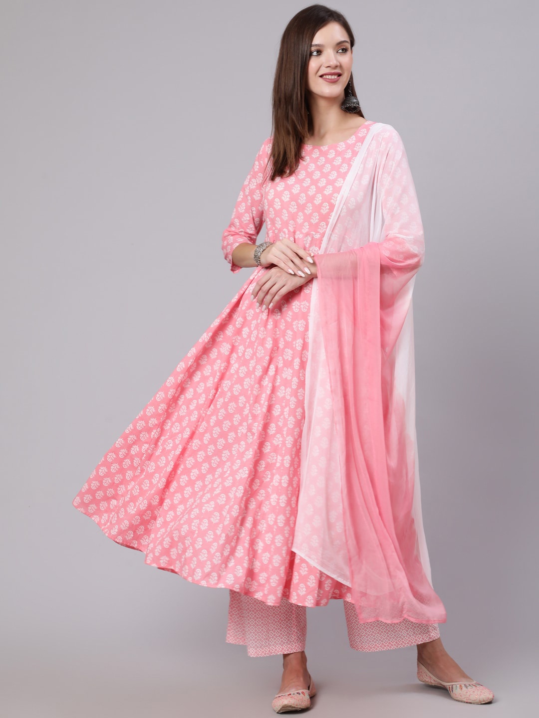 

KIMAYRA Ethnic Motifs Printed Empire Pure Cotton Anarkali Kurta With Palazzos & Dupatta, Pink