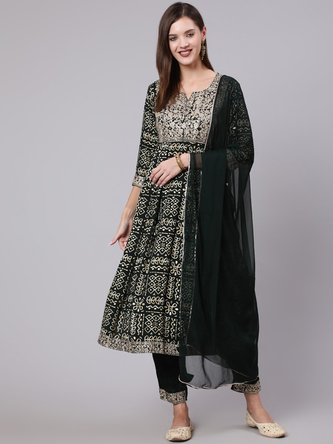 

KIMAYRA Ethnic Motifs Printed Thread Work Kurta with Trousers & Dupatta, Green