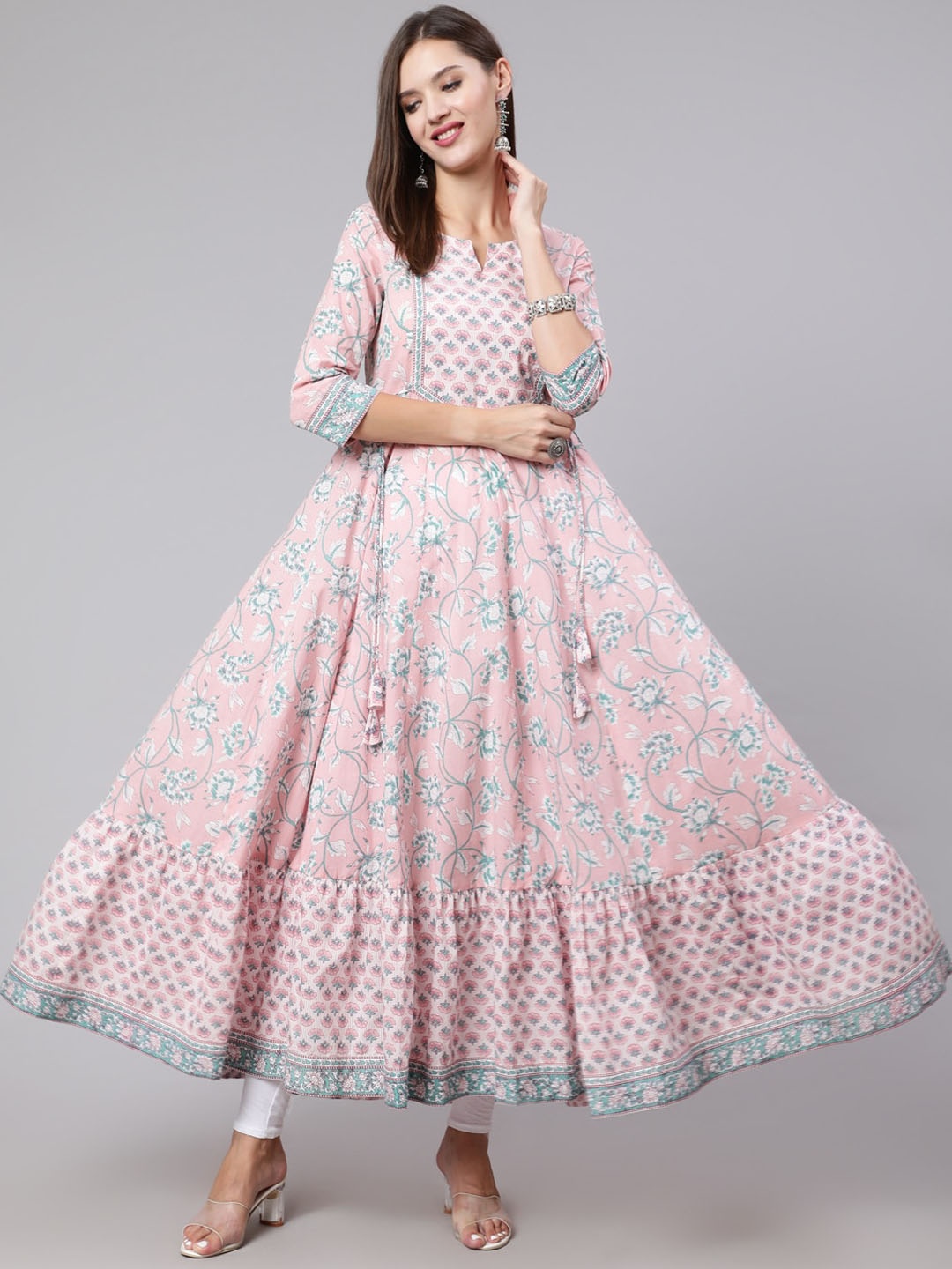 

KIMAYRA Ethnic Motifs Printed Cotton Gotta Patti Anarkali Kurta, Pink