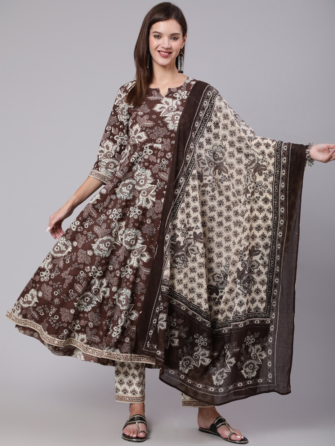 

KIMAYRA Floral Printed Pure Cotton Anarkali Kurta With Trousers & Dupatta, Brown