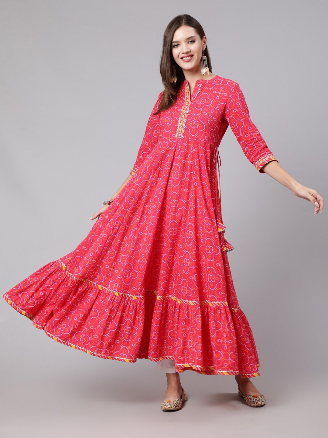 

KIMAYRA Ethnic Motifs Printed Cotton Gotta Patti Anarkali Kurta, Pink