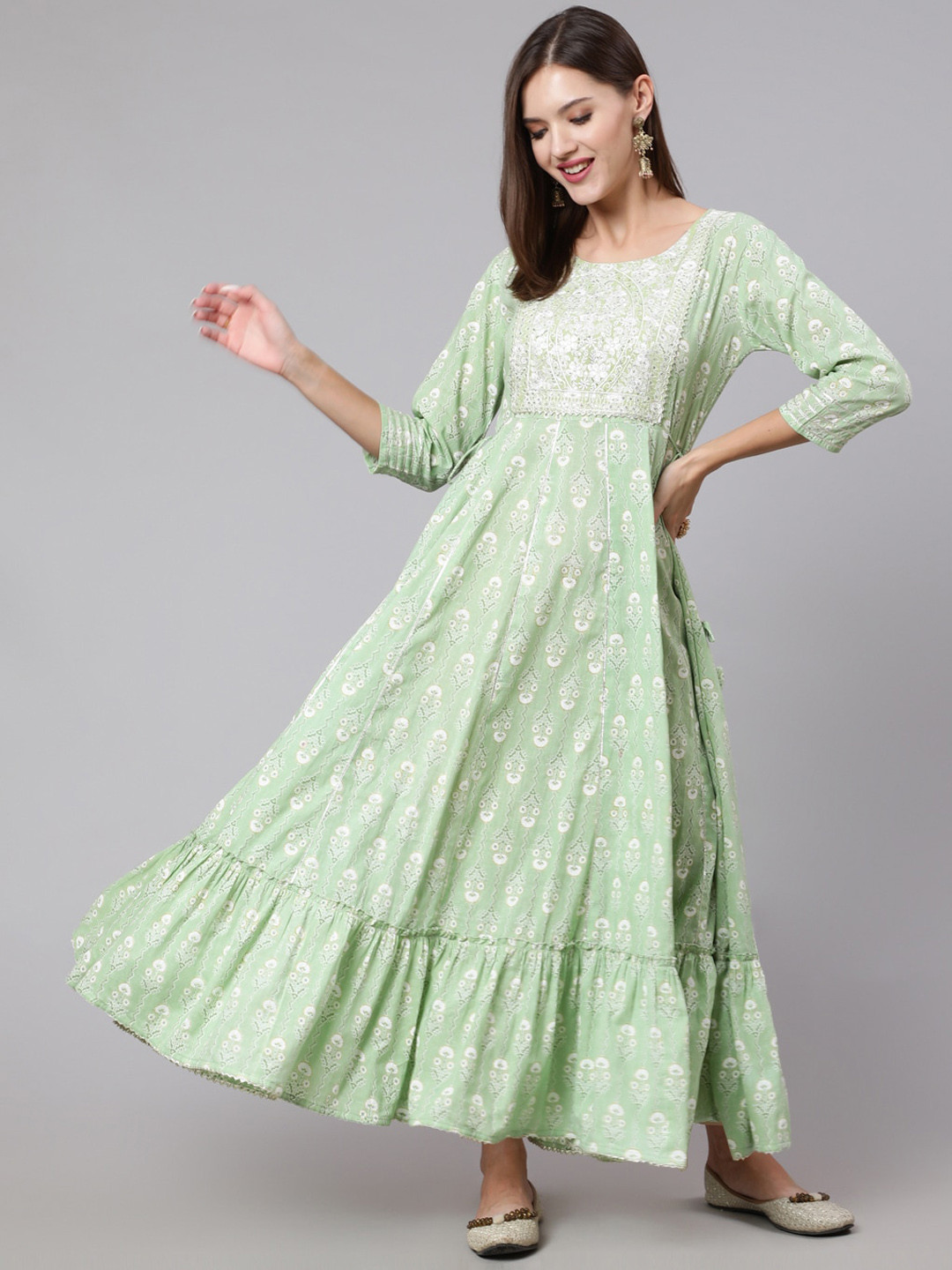 

KIMAYRA Ethnic Motifs Printed Cotton Round Neck Anarkali Kurta, Green