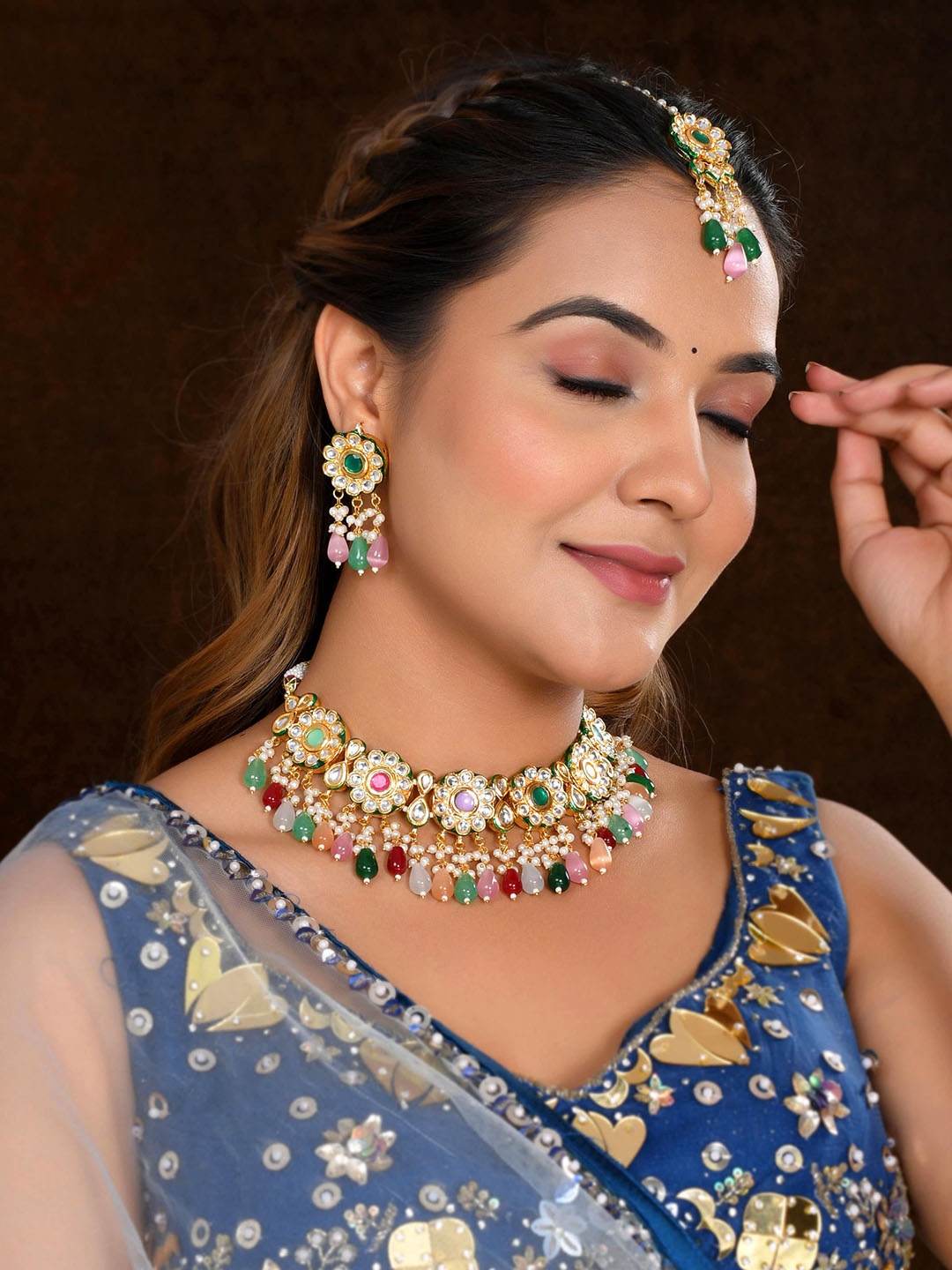 

DASTOOR Gold-Plated Kundan Studded & Beaded Jewellery Set, Pink