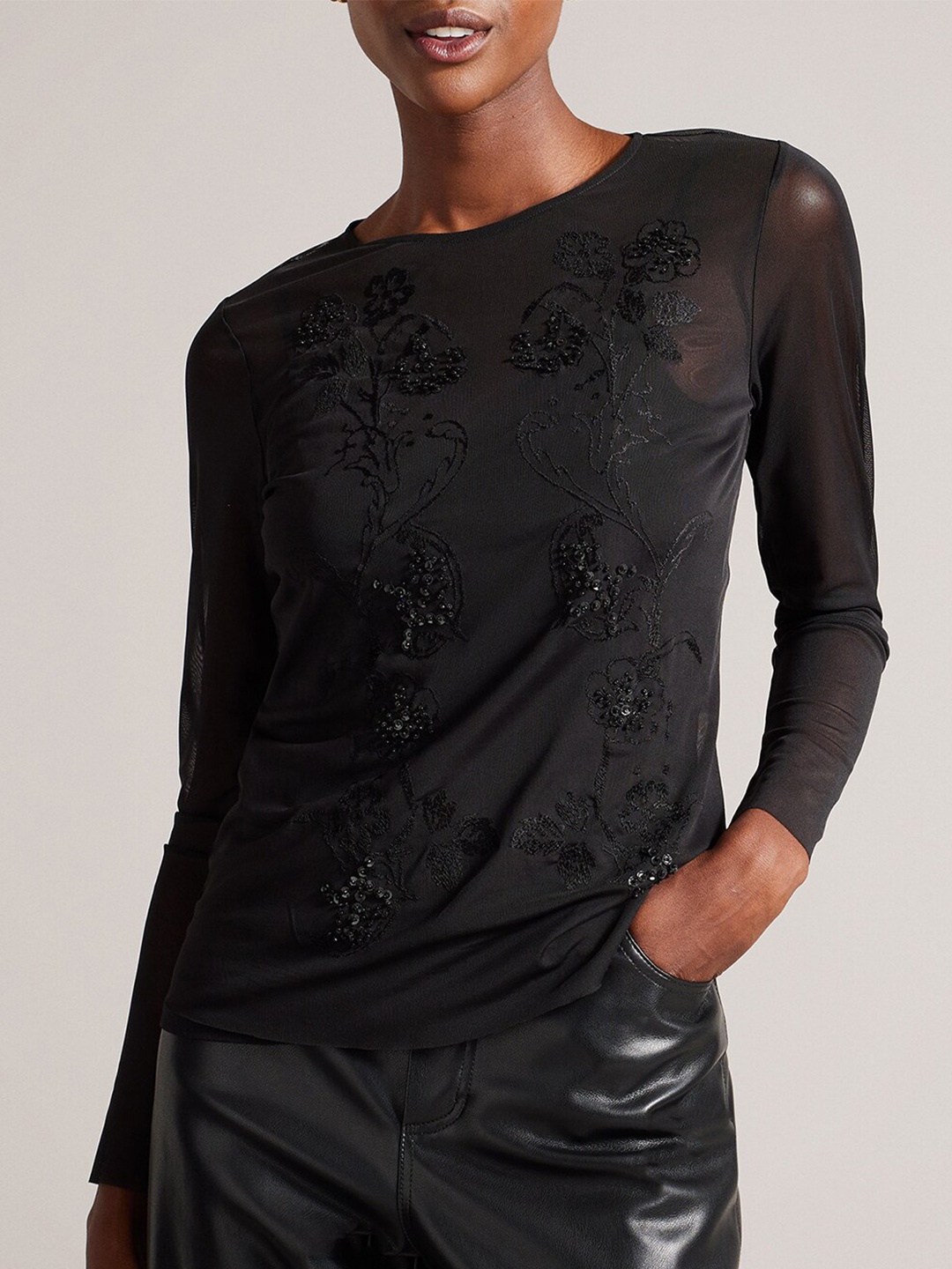 

Ted Baker Embellished Round Neck Top, Black