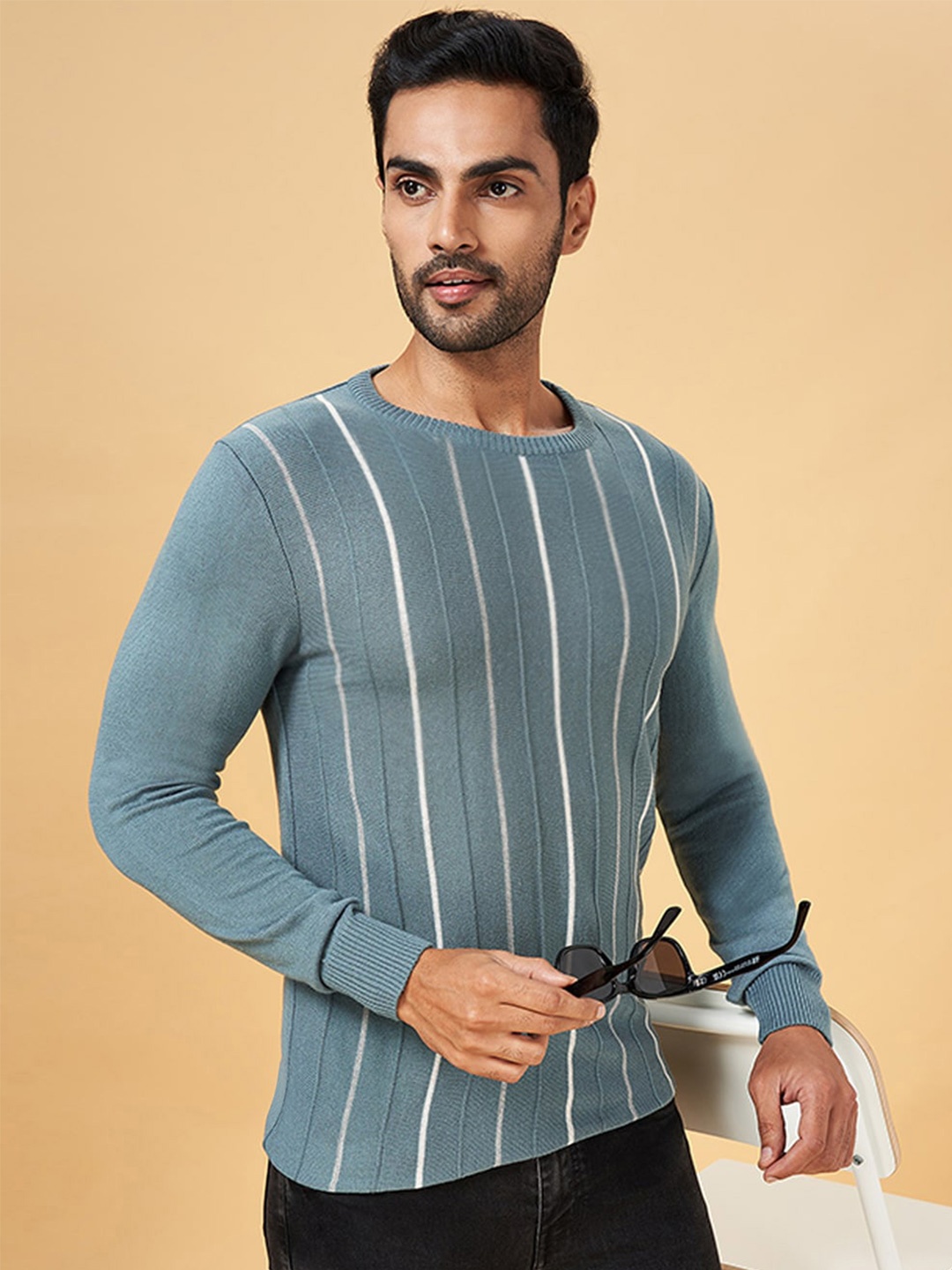 

YU by Pantaloons Striped Round Neck Pullover Sweater, Grey