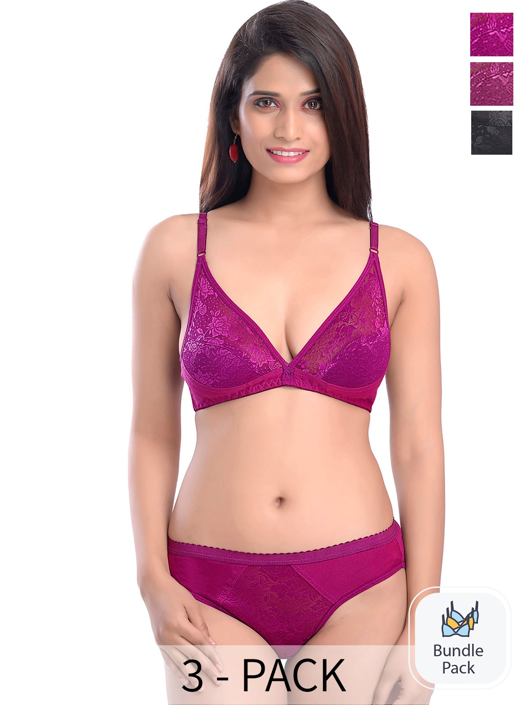 

PIBU Pack Of 3 Self Design Cotton Lingerie Sets, Pink