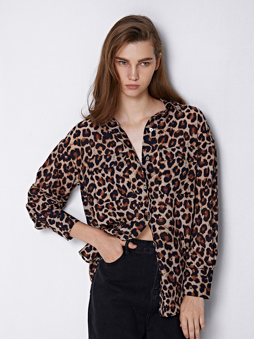 

COVER STORY Brown Regular Fit Animal Printed Spread Collar Long Sleeve Casual Shirt