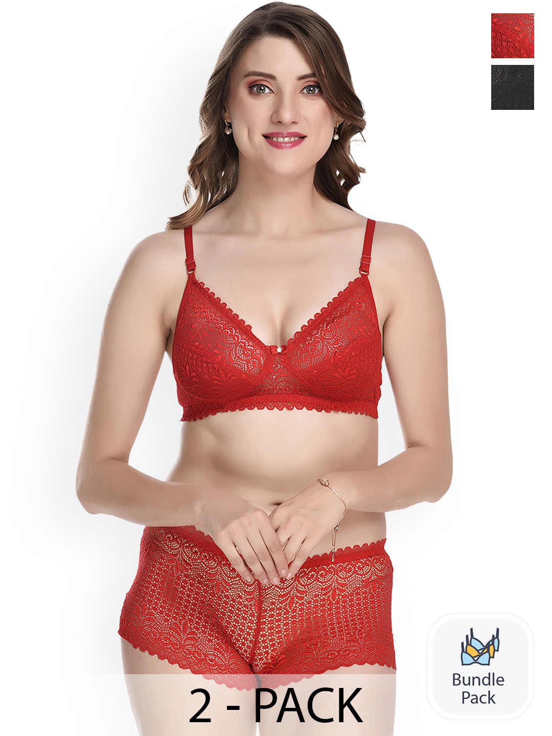 

Aamarsh Pack of 2 Self Design Lace Detail Cotton Lingerie Set AE_Net set_Red,Black_30