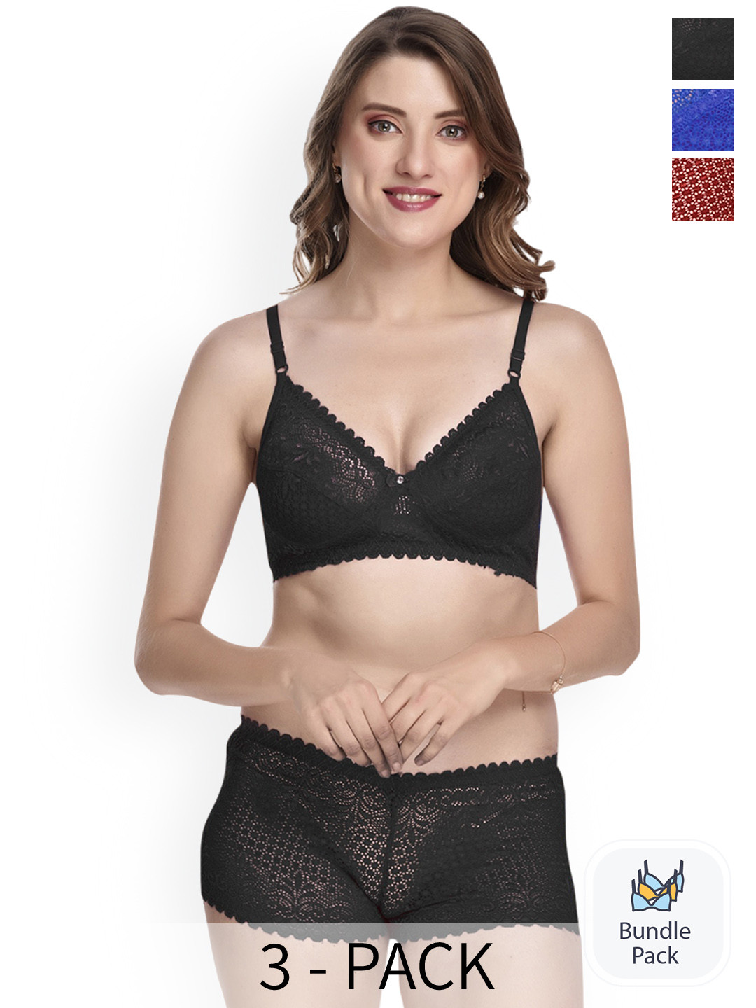 

Aamarsh Pack of 3 Self-Design Non-Padded Lingerie Set-AE_Net set_Maroon,Black,Blue_30
