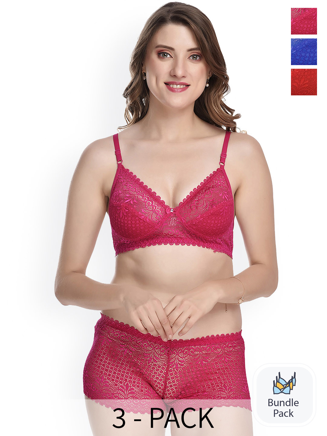 

Aamarsh Pack of 3 Self-Design Non-Padded Laced Lingerie Set-AE_Net set_Red,Blue,Pink_30