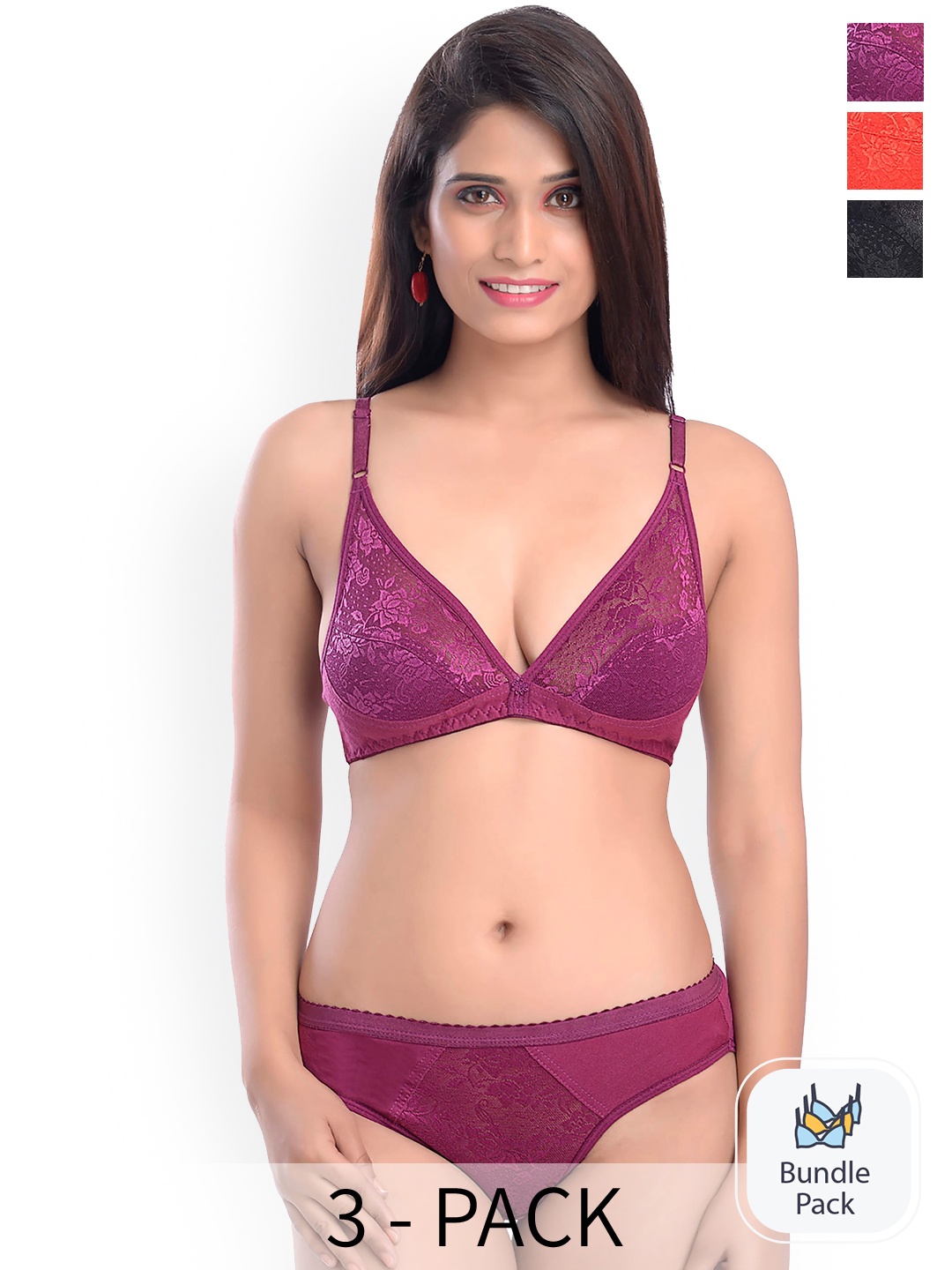 

Aamarsh Pack of 3 Self Design Lace Lingerie Set AE_Safal set, Black