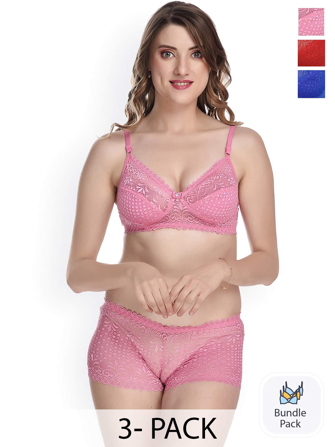 Aamarsh Pack of 3 Self-Design Cotton Lingerie Set AE_Net set, Red