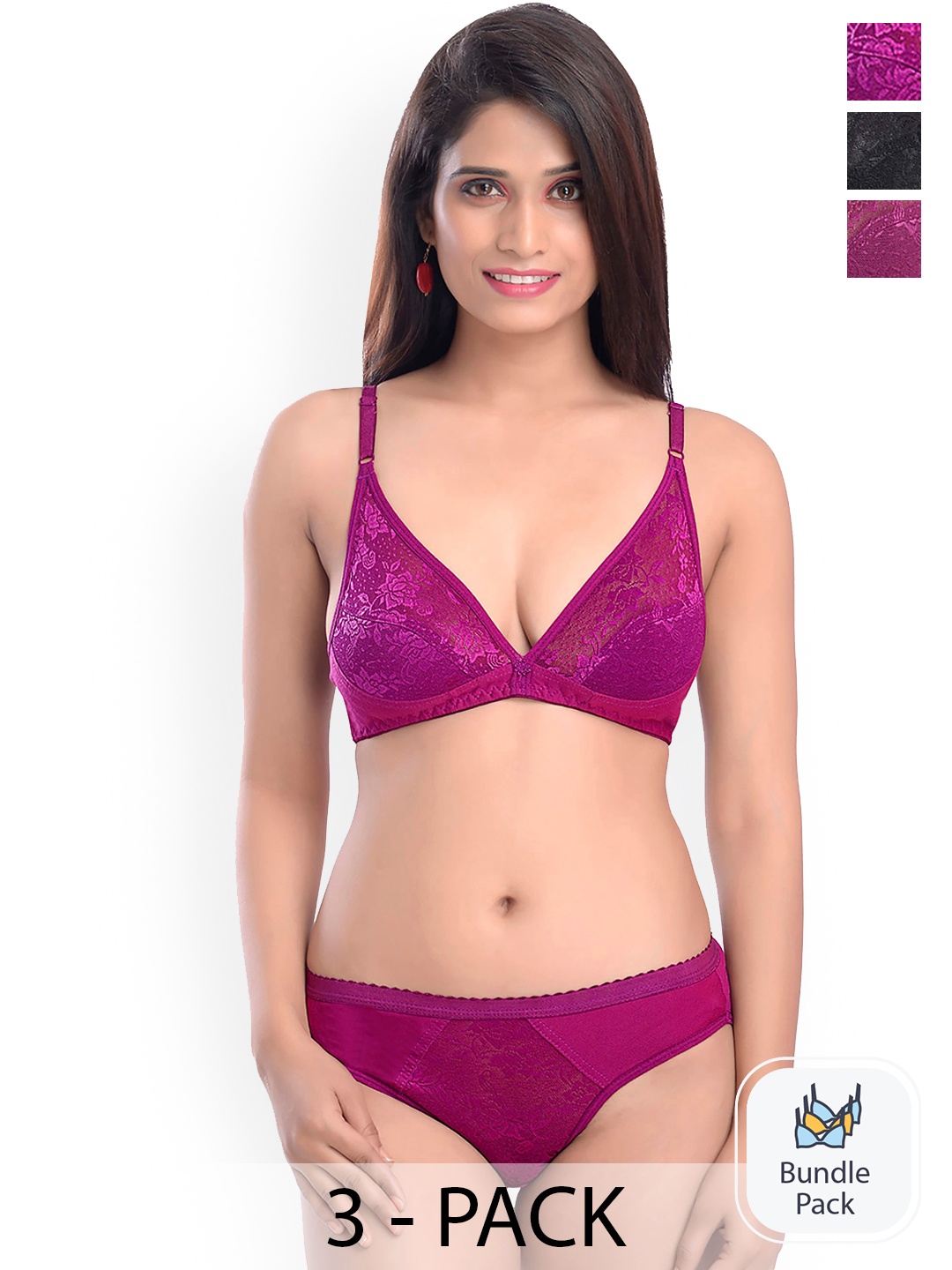 AROUSY Pack of 3 Self-design Cotton Lingerie Sets, Pink