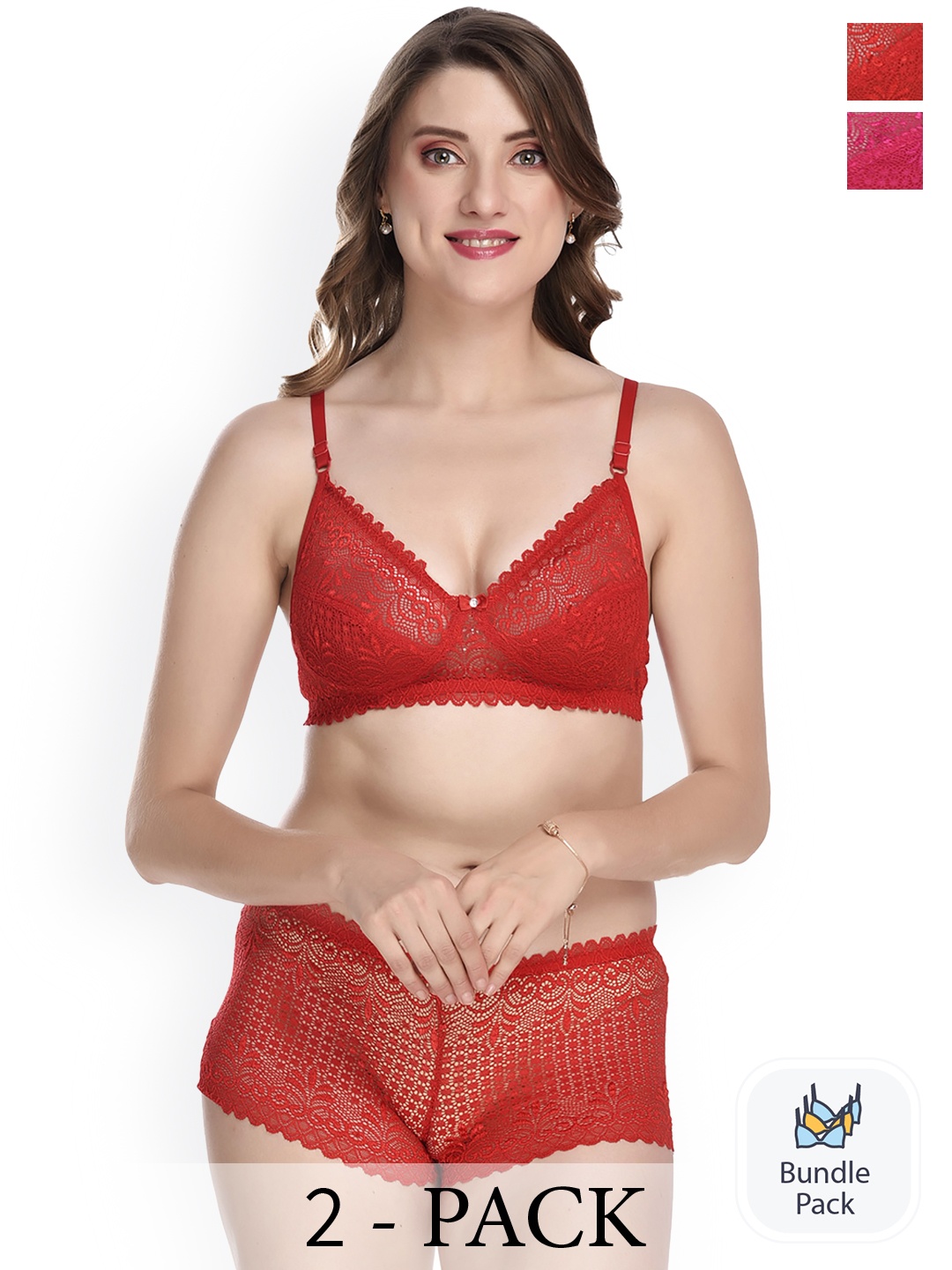 

AROUSY Pack of 2 Self-Designed Laced Lingerie Set, Red