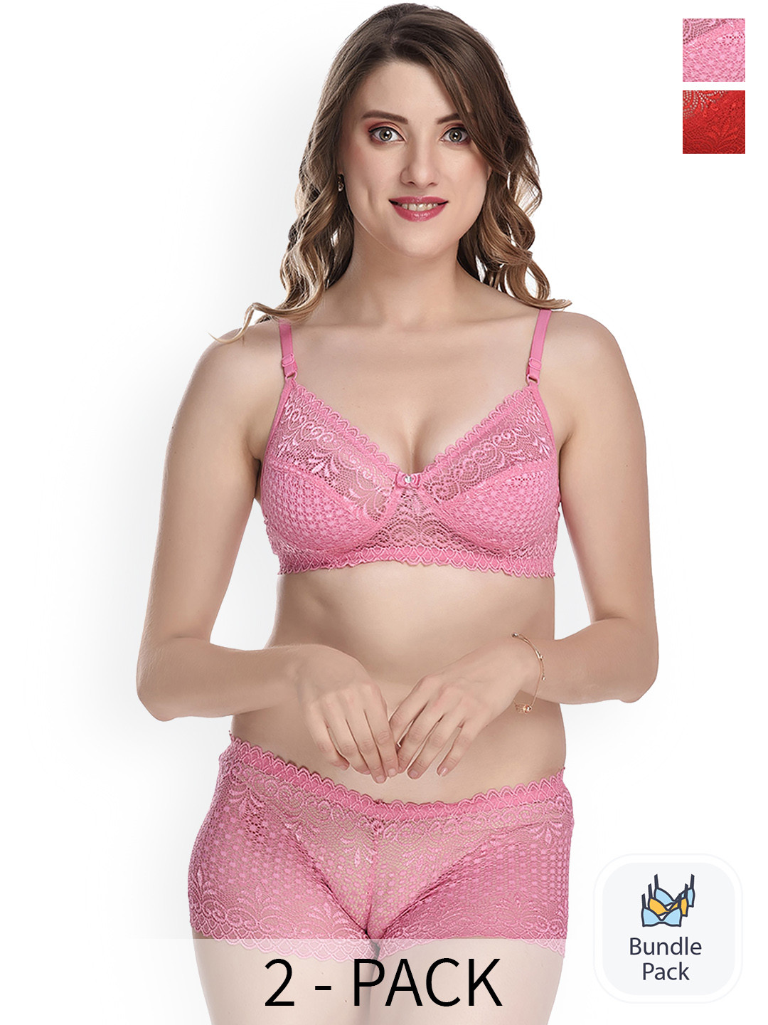 

AROUSY Pack of 2 Self-Designed Laced Lingerie, Red