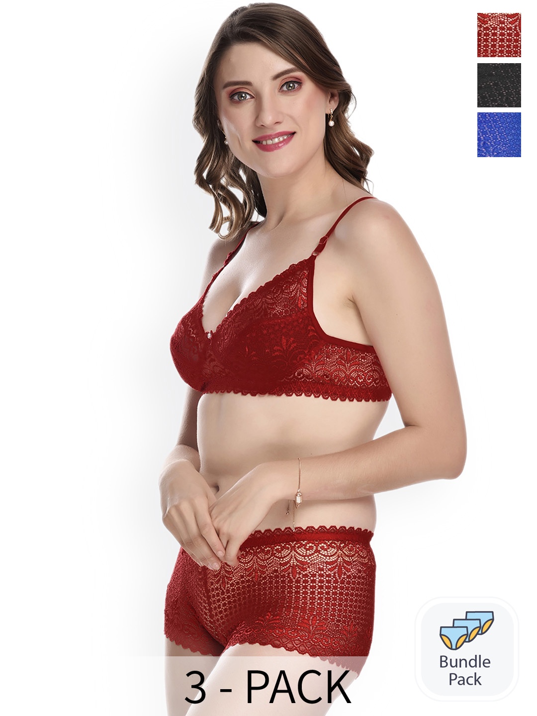 

AROUSY Pack of 3 Self Designed Laced Lingerie Set, Maroon